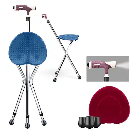 Front. GOPLUS - Goplus Adjustable Folding Cane Outdoor Seat Stool Aluminum Alloy Crutch Chair - Blue.