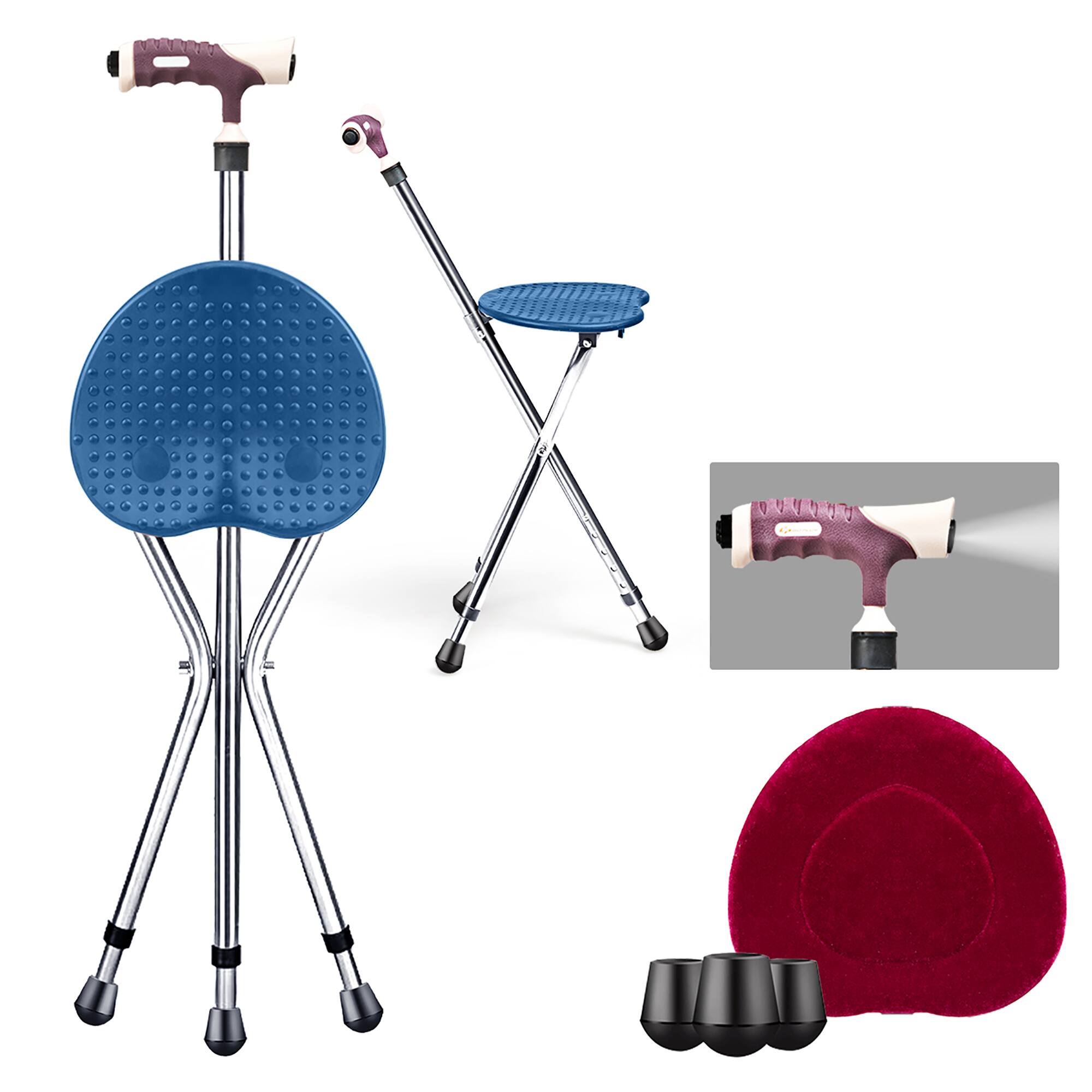 Front. GOPLUS - Goplus Adjustable Folding Cane Outdoor Seat Stool Aluminum Alloy Crutch Chair - Blue.