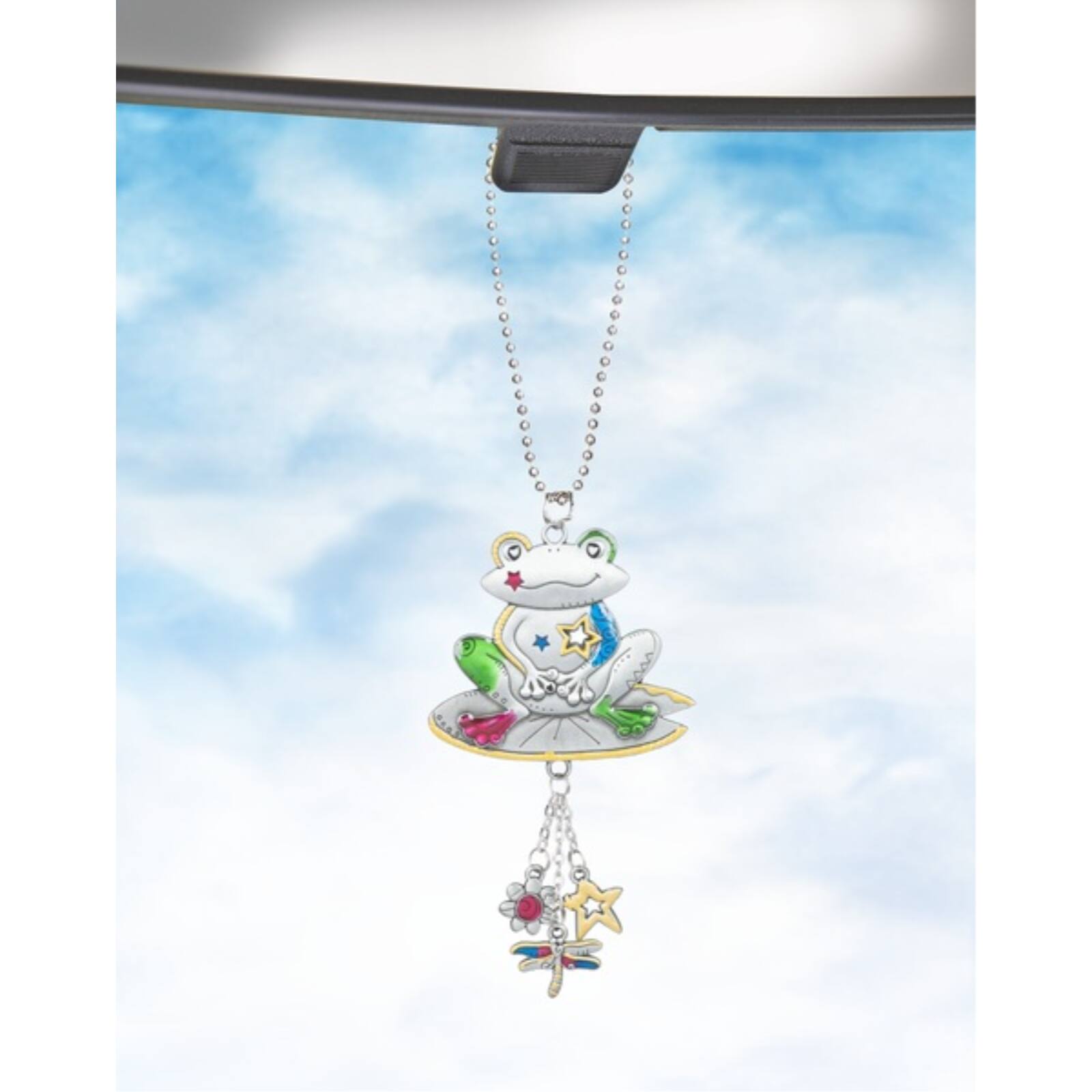 Angle. Ganz - Ganz Multi Color Smiling Frog Car Charm 7 inches with Silver Chain - Silver.