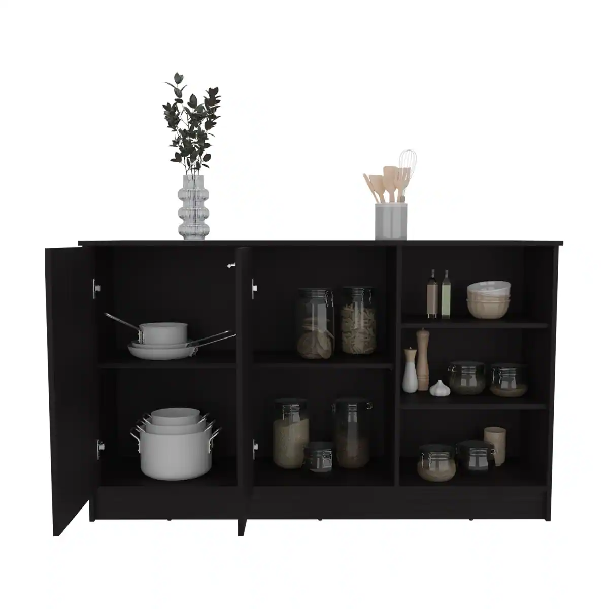 Alt View 5. Loheer - Loheer Black Kitchen Island with Cabinets Three Open Shelves and Seating Clearance - Black.
