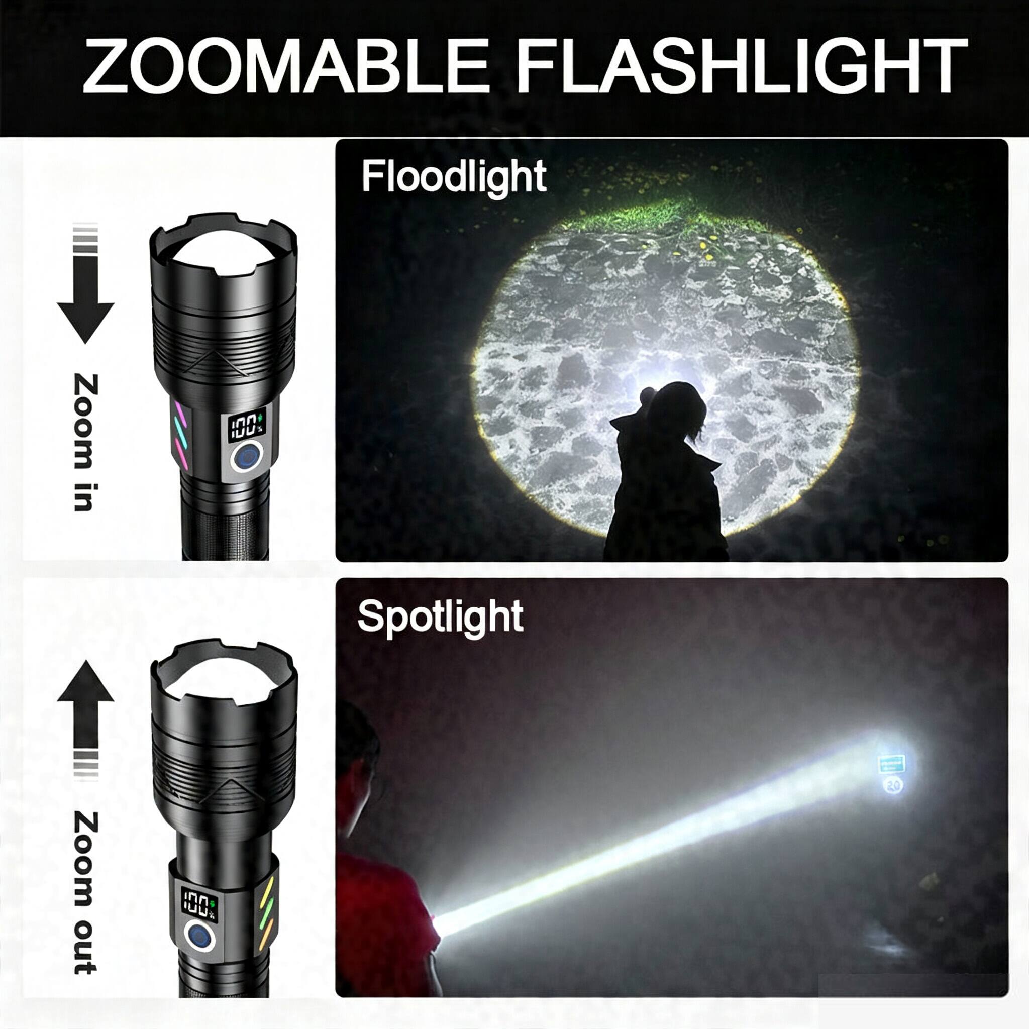 ZOOMABLE FLASHLIGHT

Floodlight
Zoom in 100

Spotlight
Zoom out 20