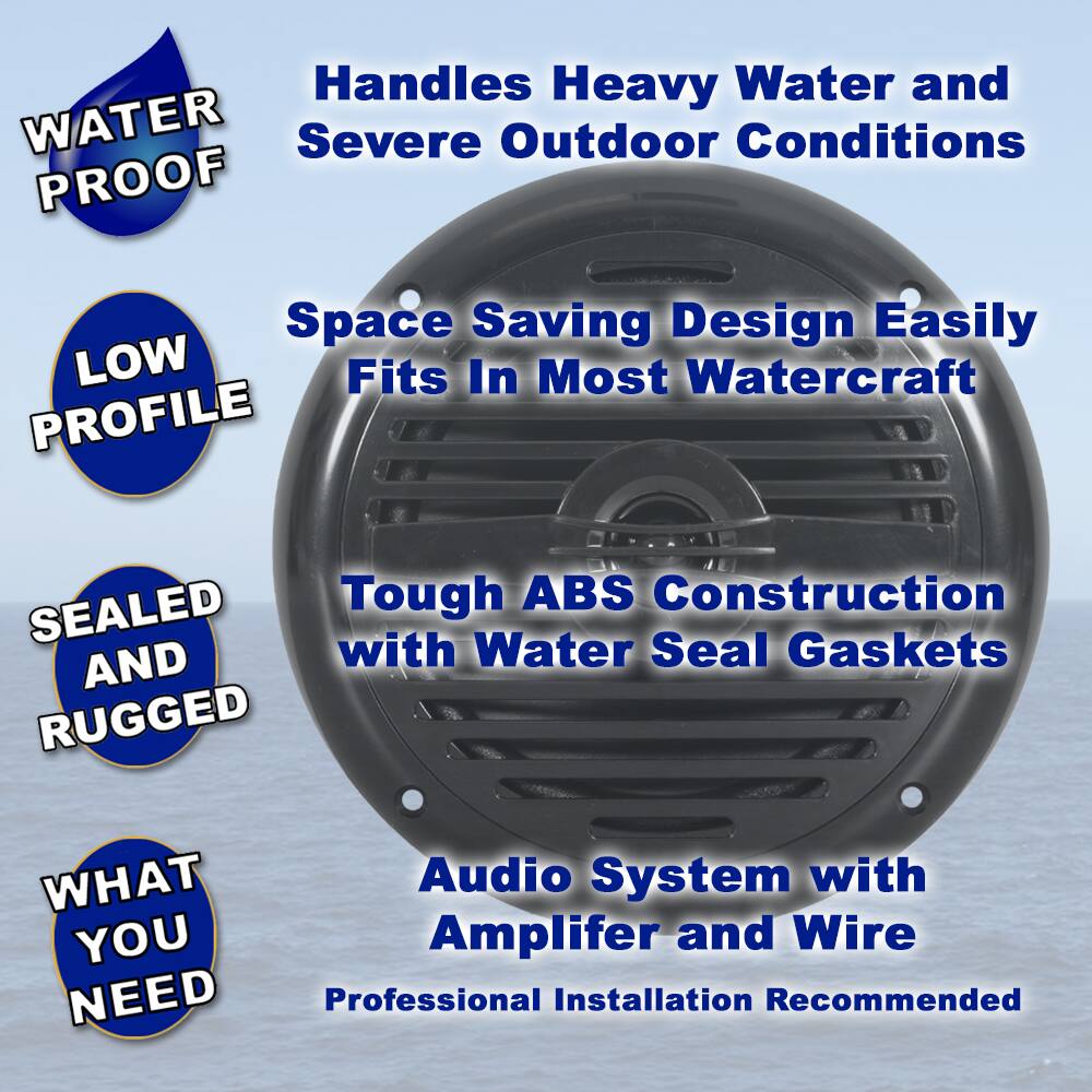 - Handles Heavy Water and Severe Outdoor Conditions
- Space Saving Design Easily Fits In Most Watercraft
- Tough ABS Construction with Water Seal Gaskets
- Audio System with Amplifier and Wire
- Professional Installation Recommended

- WATER PROOF
- LOW PROFILE
- SEALED AND RUGGED
- WHAT YOU NEED