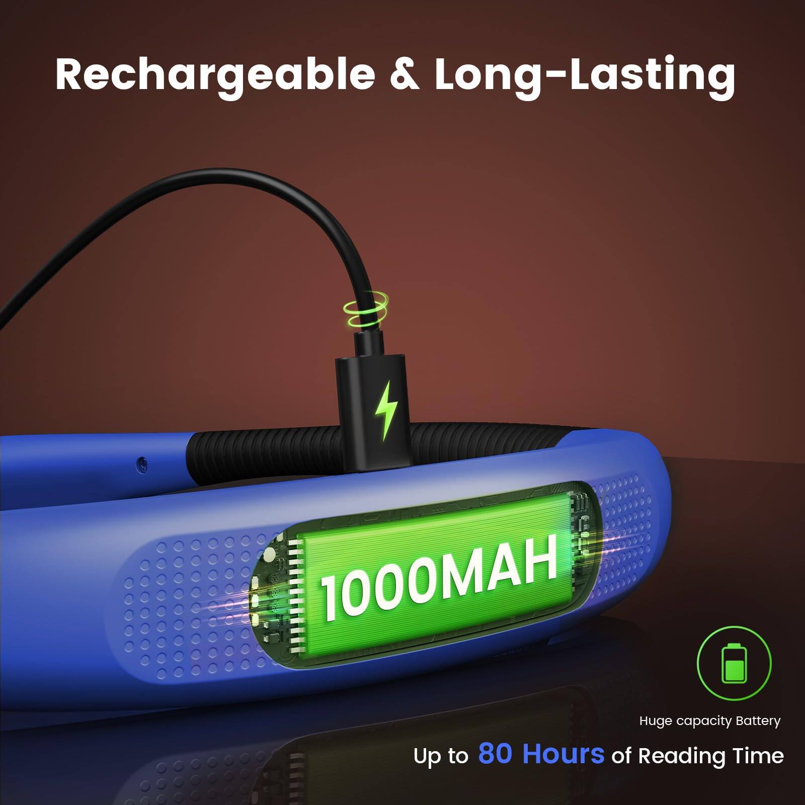 Rechargeable & Long-Lasting

1000MAH

Huge capacity Battery

Up to 80 Hours of Reading Time
