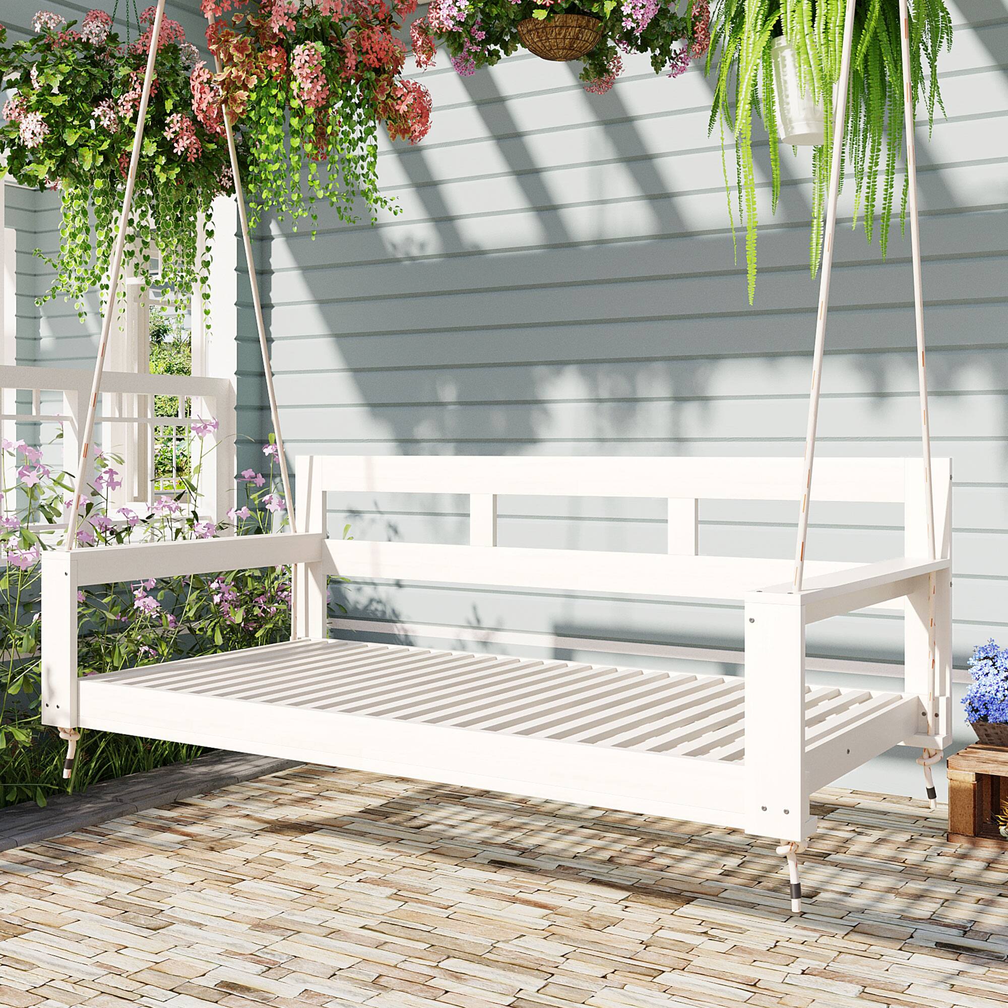 Front. APRILSOUL - Wooden Twin Size Porch Swing Daybed Frame for Backyard,Outdoor White - White.