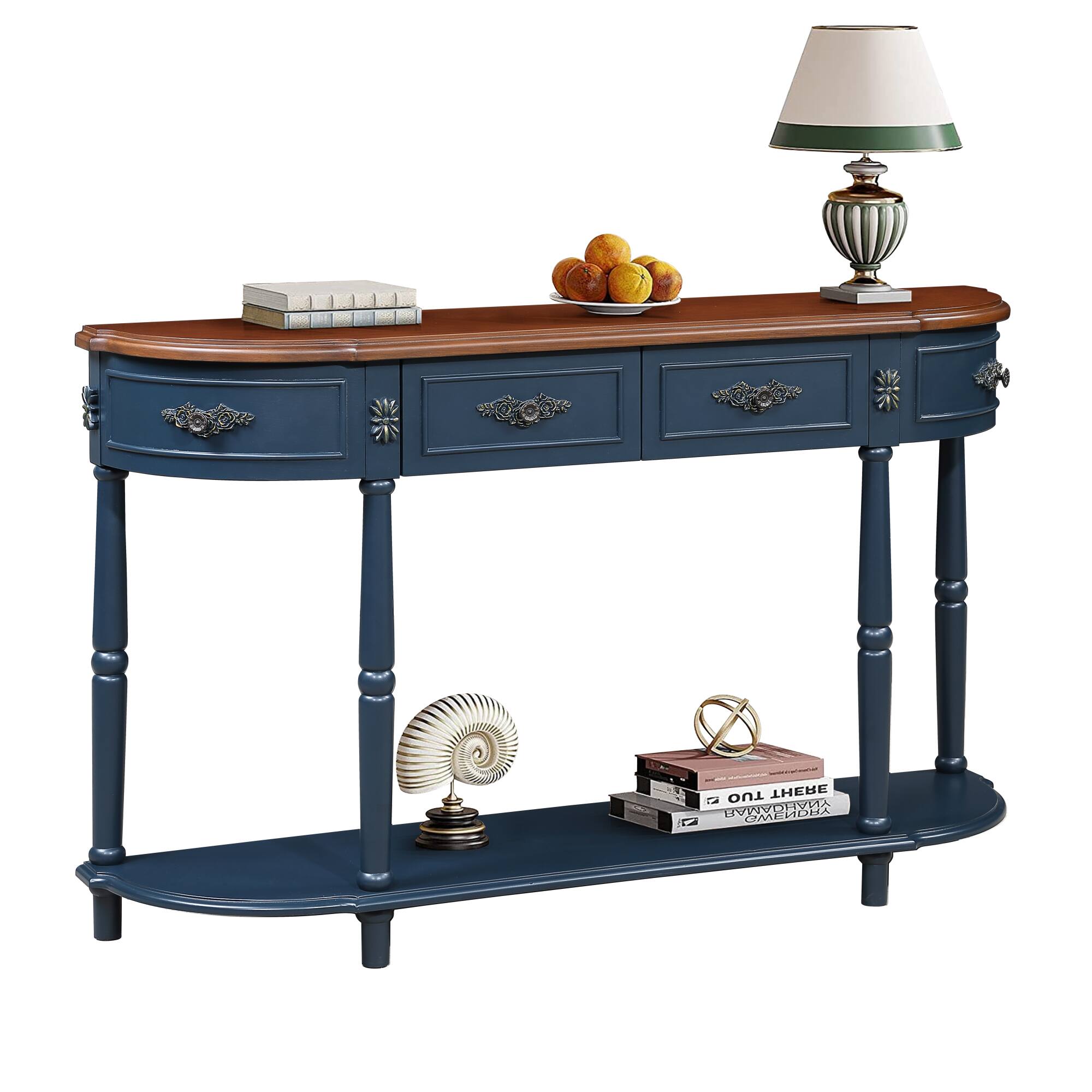GOODSILO - Retro Curved Wood Console Table with Open Shelf and Drawers Half Moon Sofa Table Solid Wood Entry Table - Navy Blue