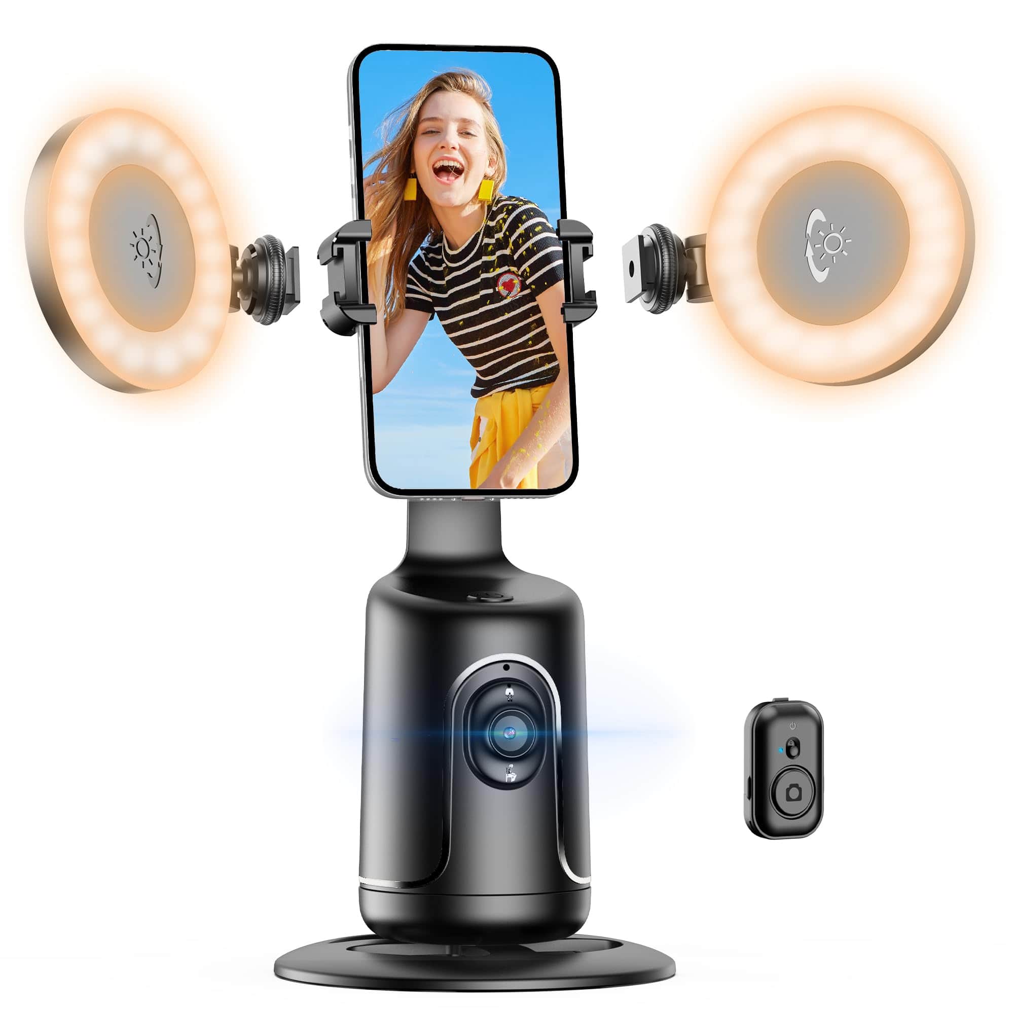PRIMEPLUS - Auto Tracking Phone Gimbal & Tripod, 360° Face/Object Tracking Selfie Stick Stabilizer for Vlog Live Streaming - Black ( with 2 Selfie Ring Light )