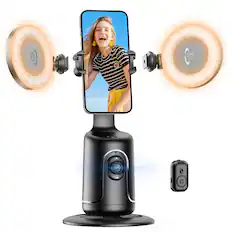 Front. PRIMEPLUS - Auto Tracking Phone Gimbal & Tripod, 360° Face/Object Tracking Selfie Stick Stabilizer for Vlog Live Streaming - Black ( with 2 Selfie Ring Light ).