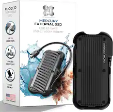RUGGED PORTABLE SSD
TITANIUM MICRO
MERCURY EXTERNAL SSD
USB 3.2 Gen 2
USB-C | USB-A Adapter
UP TO 1,000 MB/S
IP66 WATER RESISTANT
DROP PROOF
USA BRAND