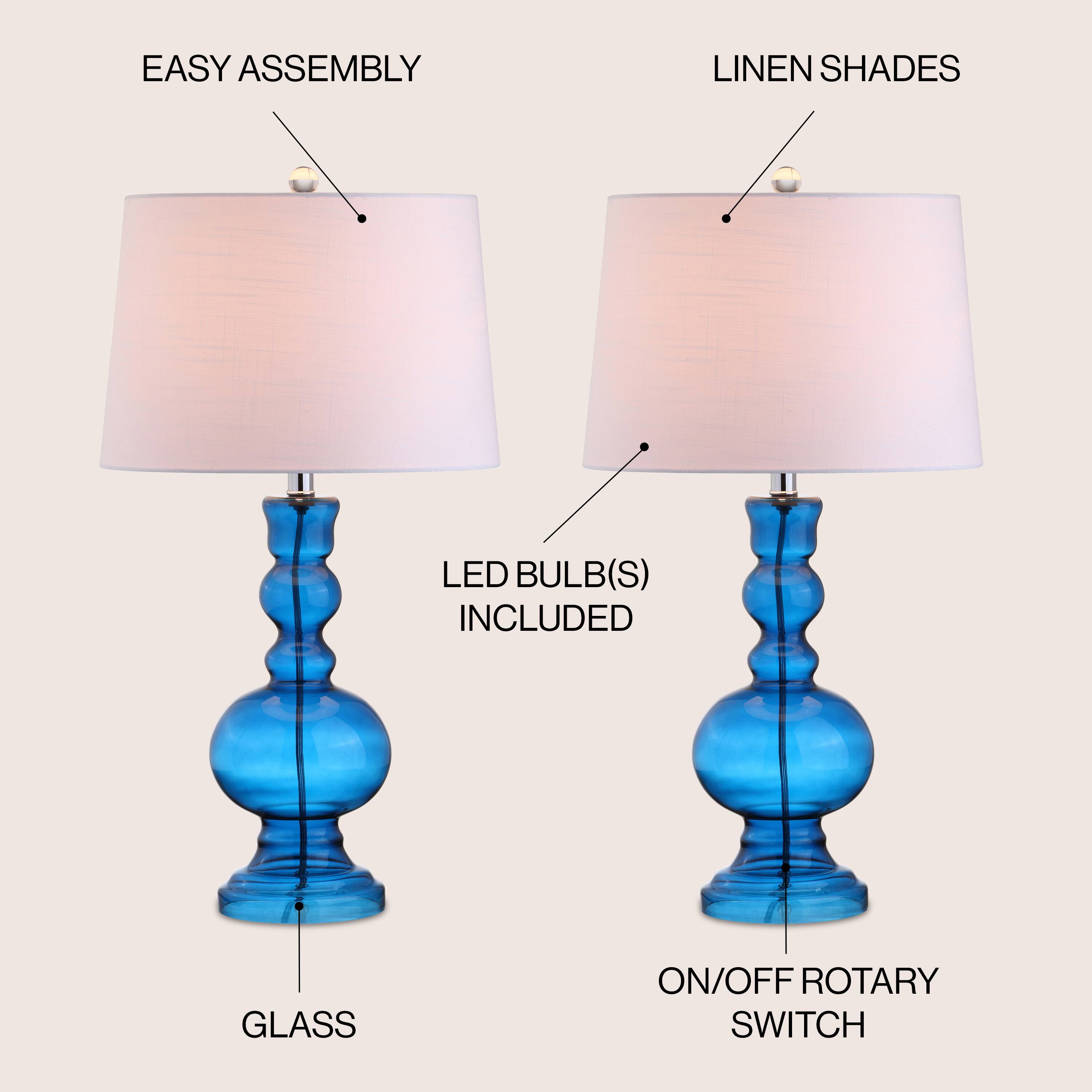 EASY ASSEMBLY  
LINEN SHADES  
LED BULB(S) INCLUDED  
GLASS  
ON/OFF ROTARY SWITCH