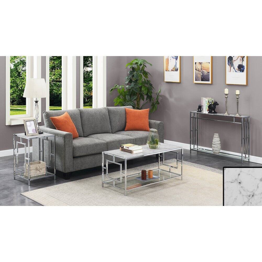 Alt View 1. Convenience Concepts - Town Square Chrome Coffee Table with Shelf - White Faux Marble/Chrome.