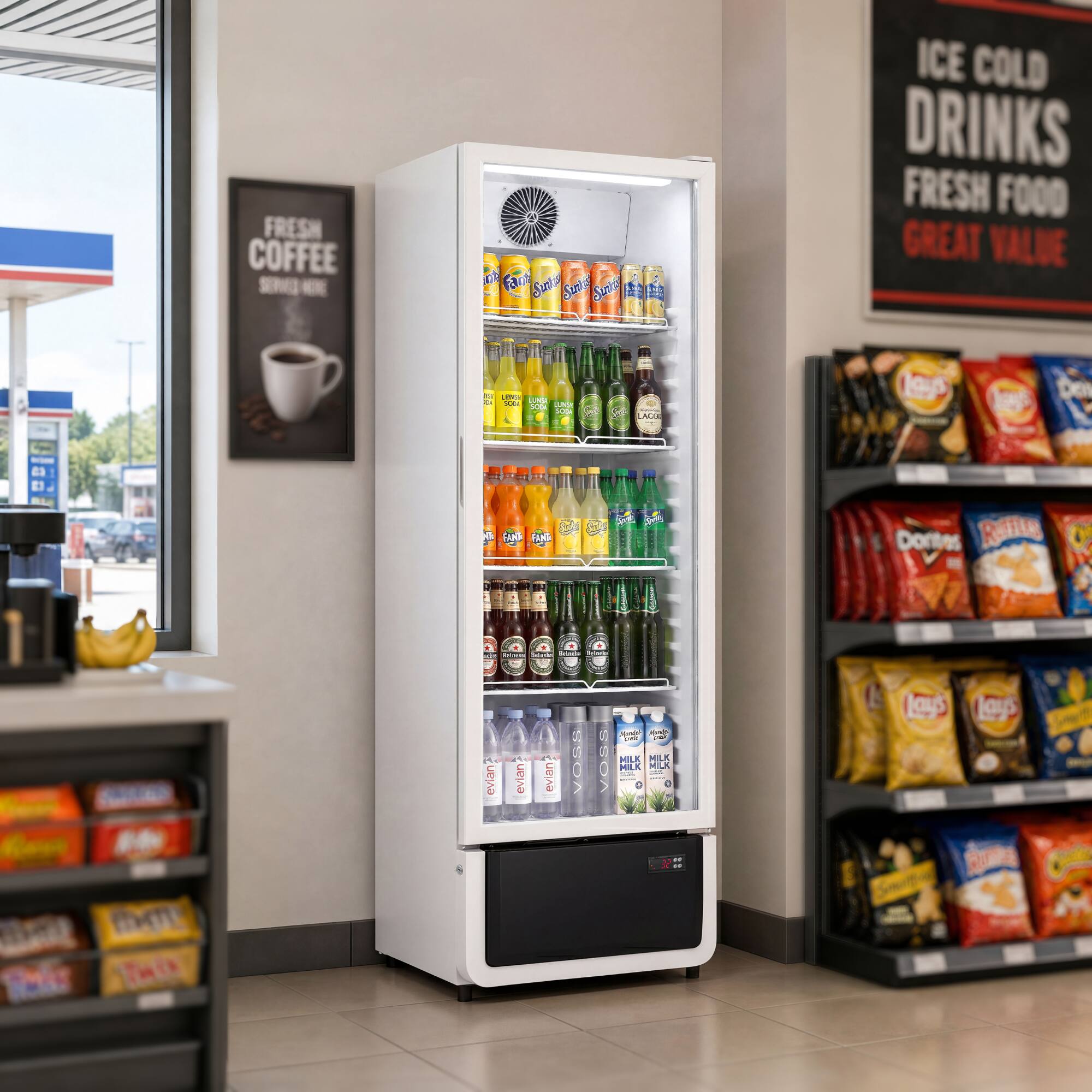 FRESH COFFEE
Fards Sunfes Sunis Sunios

ICE COLD DRINKS FRESH FOOD GREAT VALUE

u DI
LEND 500 LUNDI SCIDA JUNDY SODA
- LACK
Avel
CA C1.

AND FANTA
Dontes BOTTLE

MARKET Servin  VOSS evian evian evian
VOSS

Monta Junder Amy and MILK MILK MILK MILK g  10

Lay's
Lay's