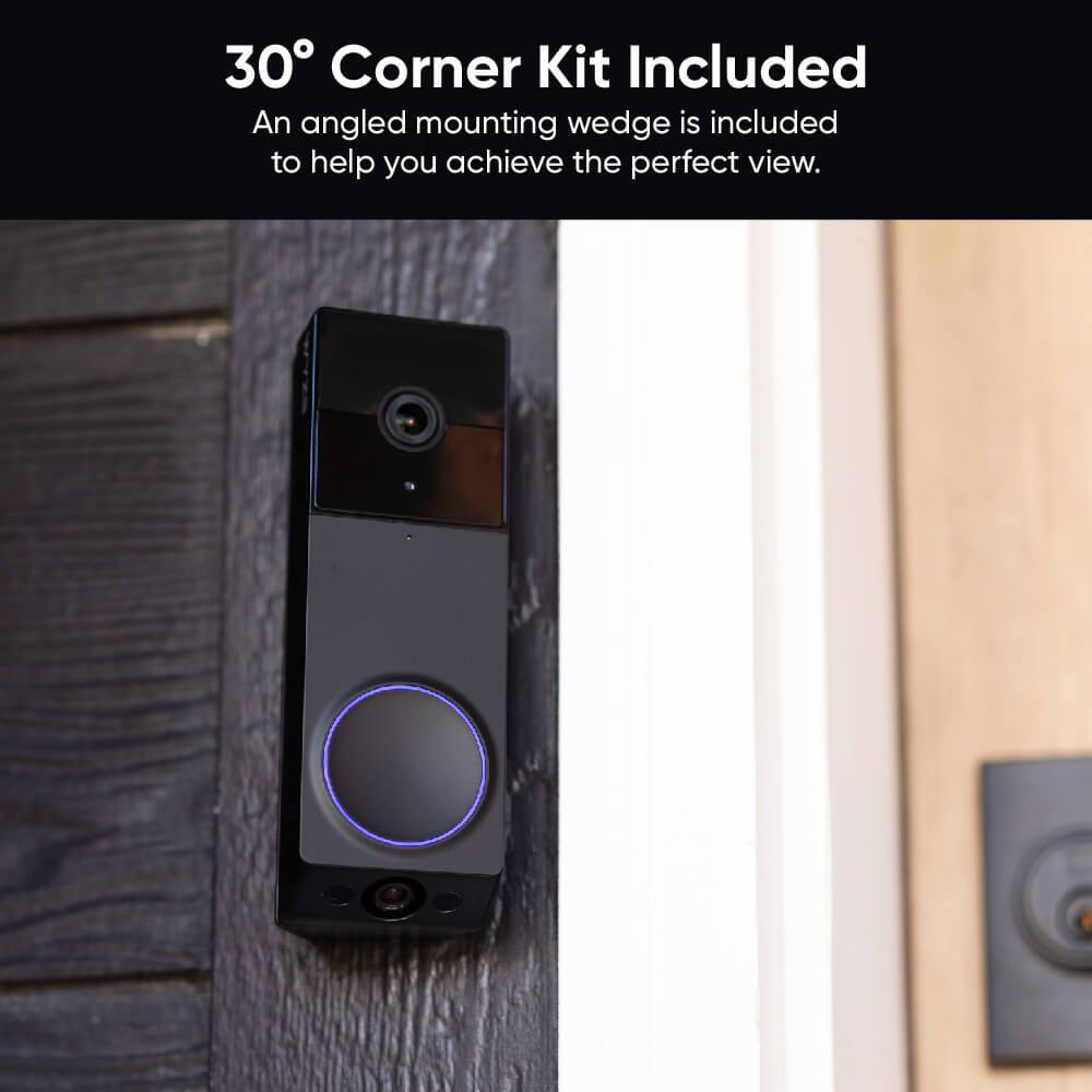 The image features a smart doorbell with a camera, which is mounted on a wall. The doorbell is part of a 30 Corner Kit that includes an angled mounting wedge to help achieve the perfect view.