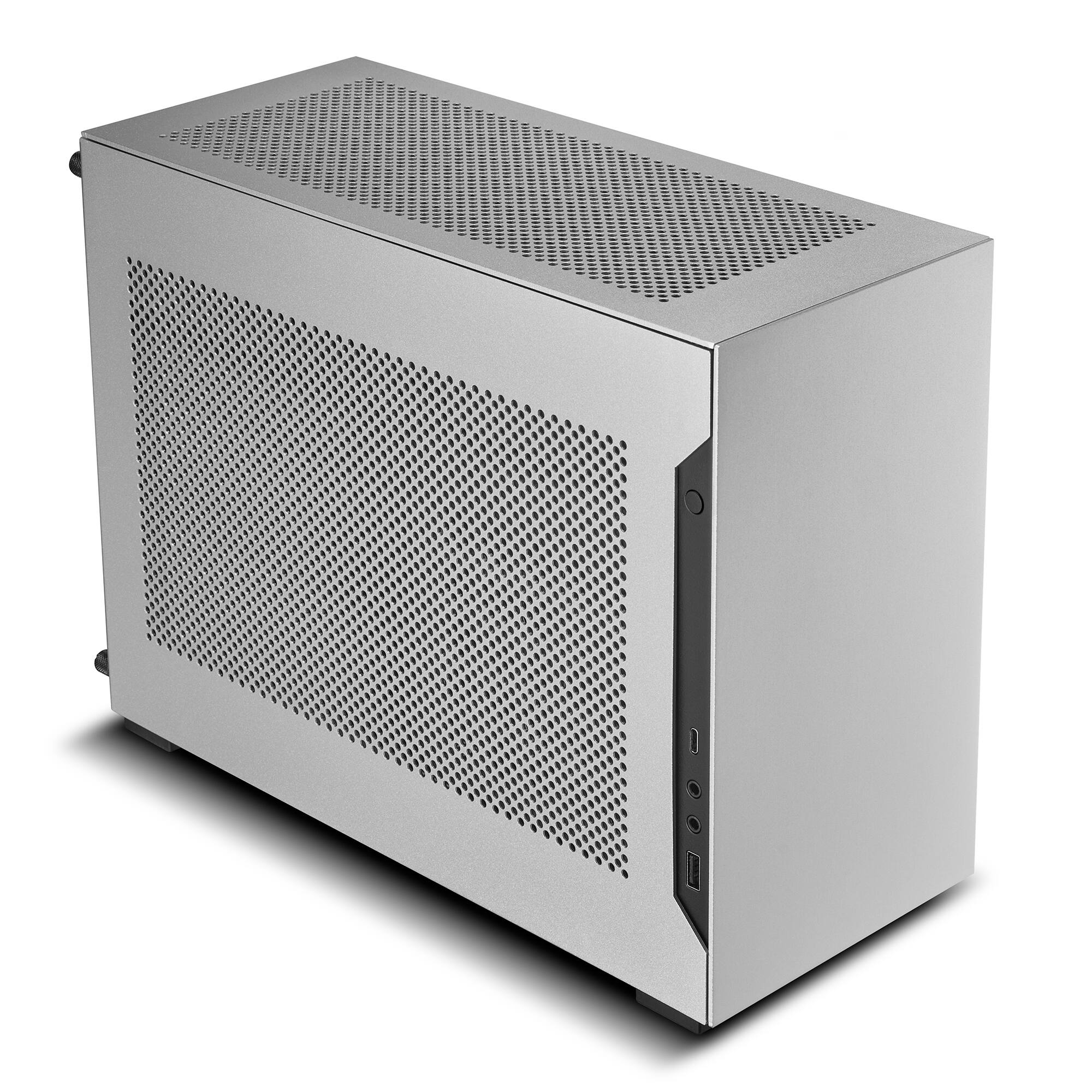 Angle. Lian Li - A4-H2OA5 Mini-ITX PC Case, Triple-Slot Mount GPU, Aluminum Exterior & SPCC Steel Interior, 240mm AIO (A4-H2OA5) - Silver.