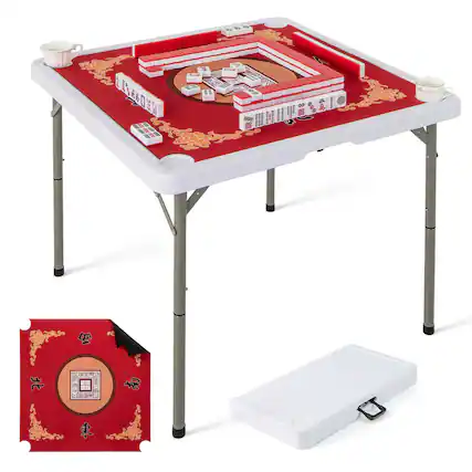 Front. Costway - Costway 35" Folding Mahjong Table with Cup Holders & Smooth Felt Mat Carrying Handle - Red.