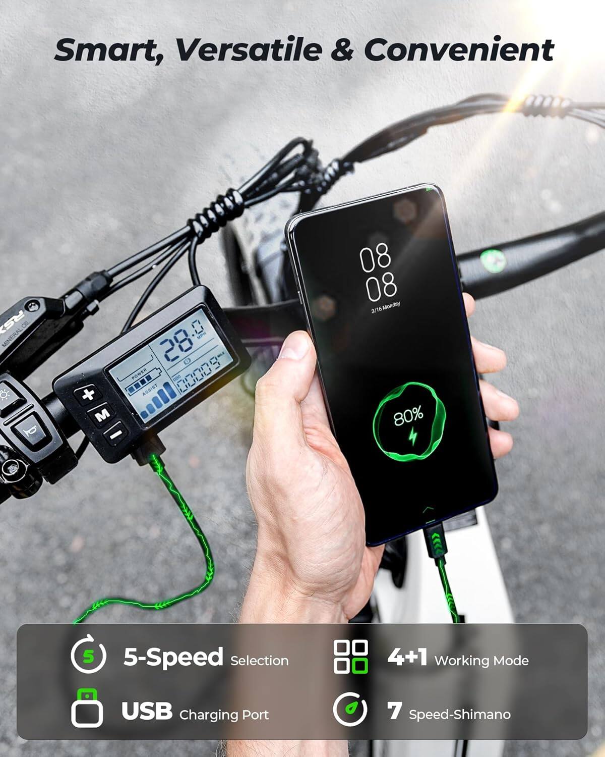 Smart, Versatile & Convenient

RS R OIL MINERAL - Q 0 Pn 28 D POWER 00009 + AGRIST M - 08 08 3/16 18 Monday 80% <<< 5 5-Speed Selection 4+1 Working Mode USB Charging Port 7 Speed-Shimano