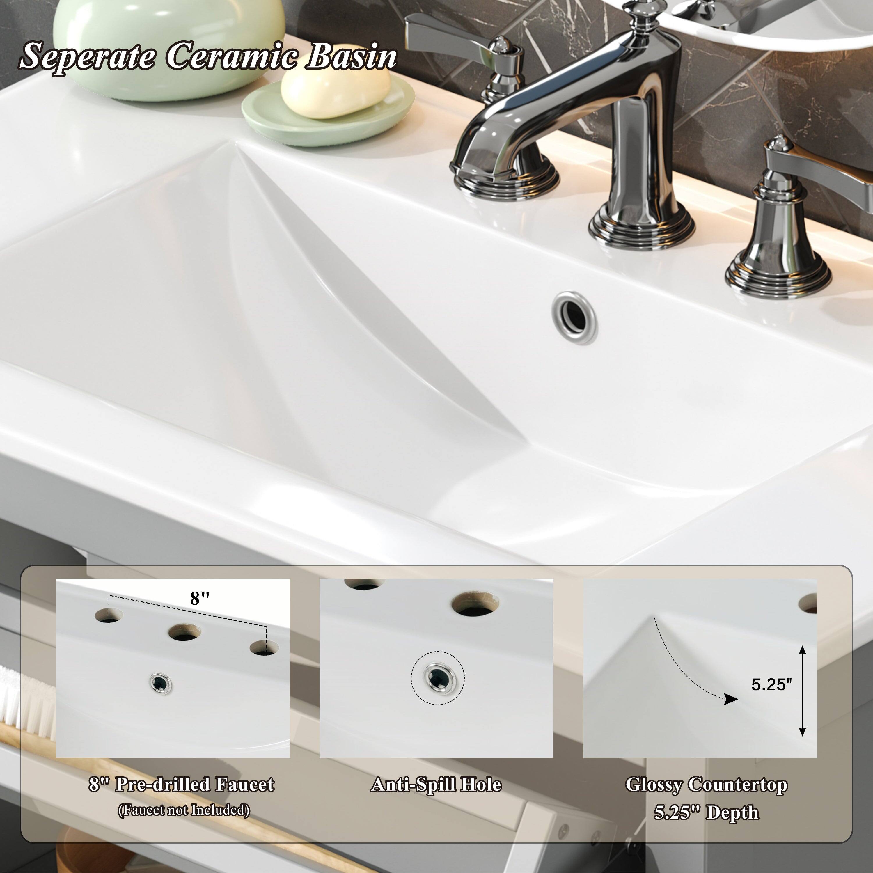 Separate Ceramic Basin

8" Pre-drilled Faucet (Faucet not Included)

Anti-Spill Hole

Glossy Countertop 5.25" Depth
