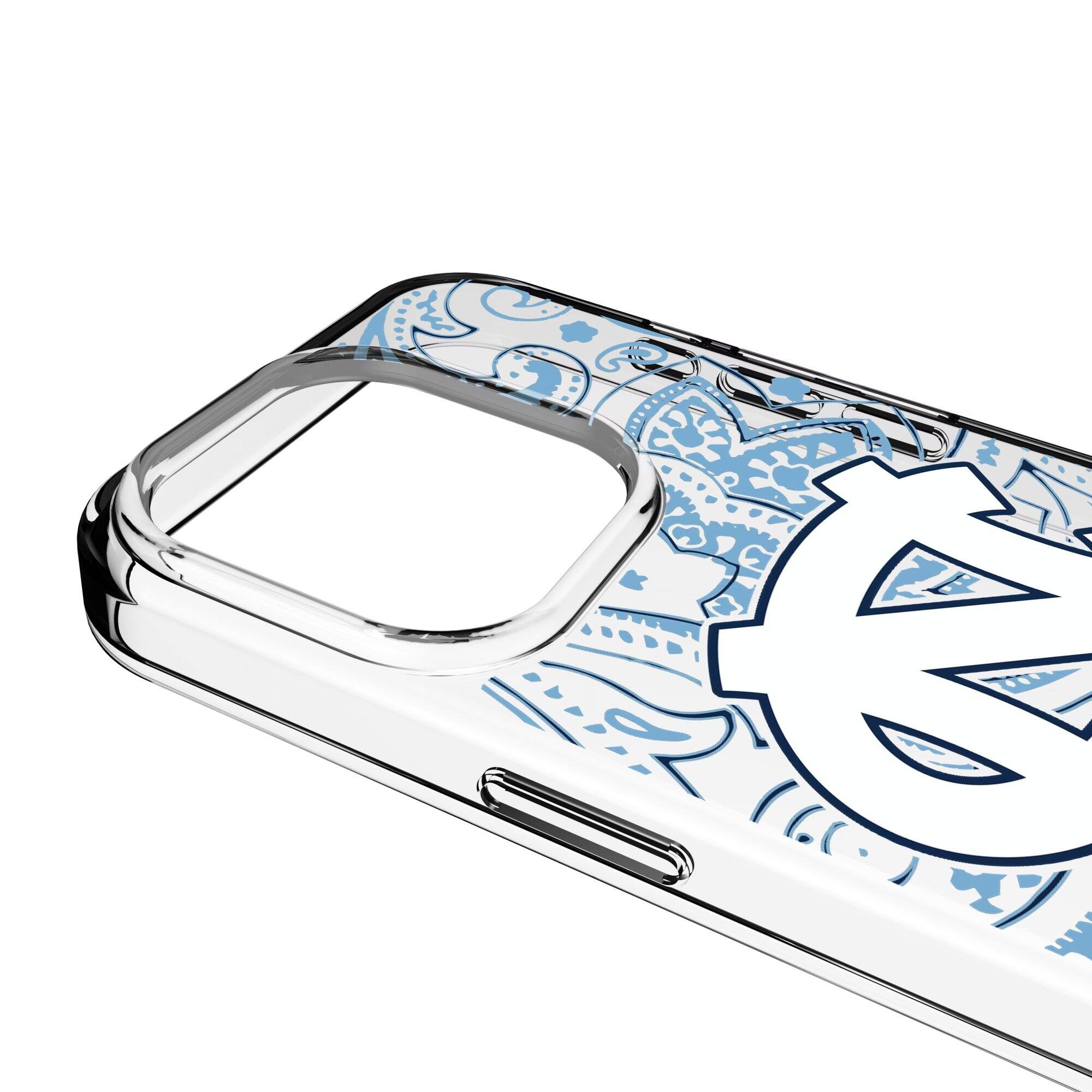 Alt View 2. Keyscaper - North Carolina Tar Heels Paisley iPhone Clear Case - 15 Plus - Multicolor.