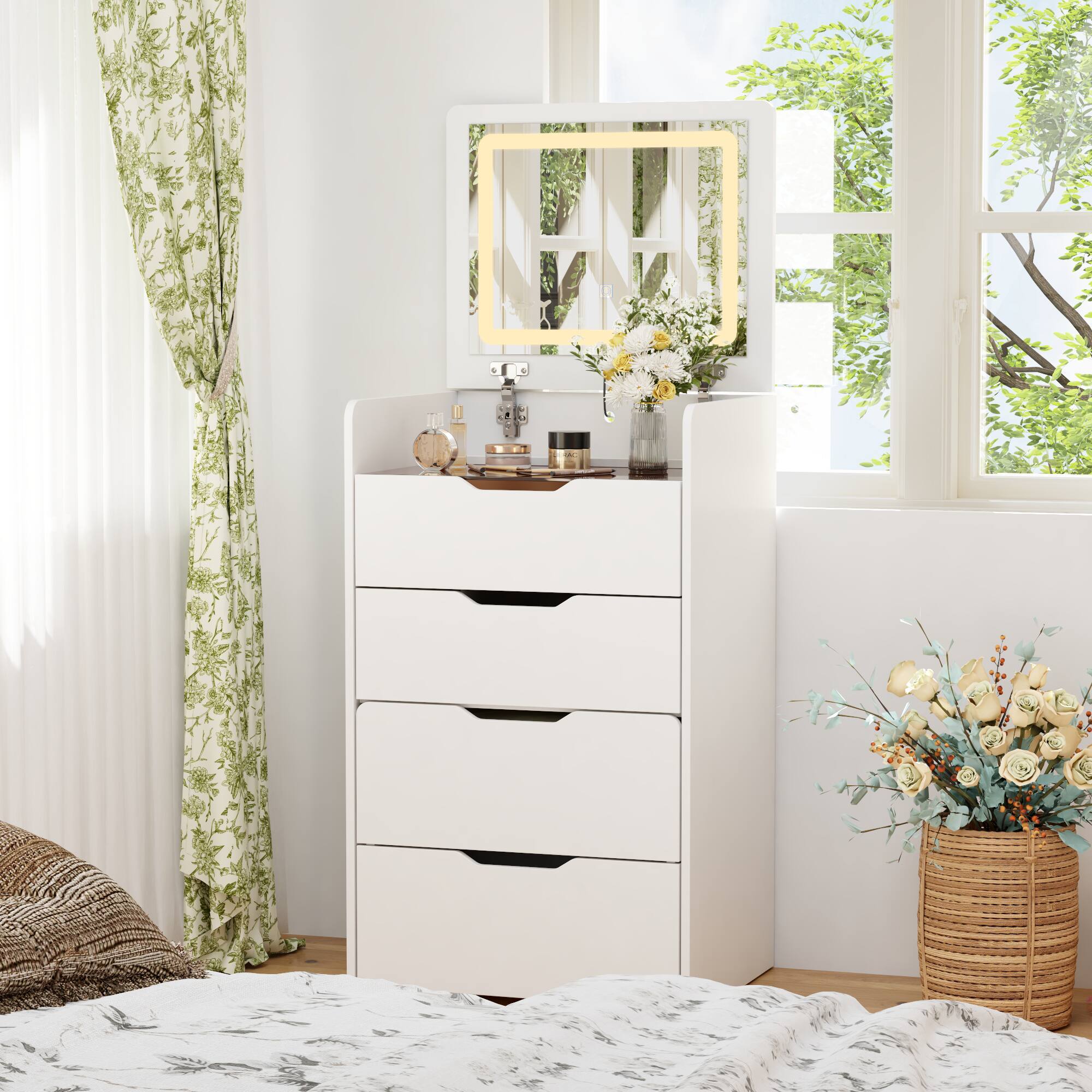 Back. Famapy - Flip - Up LED Vanity Desk with 3 - Color Lighting & Hidden Storage for Small Spaces - White.
