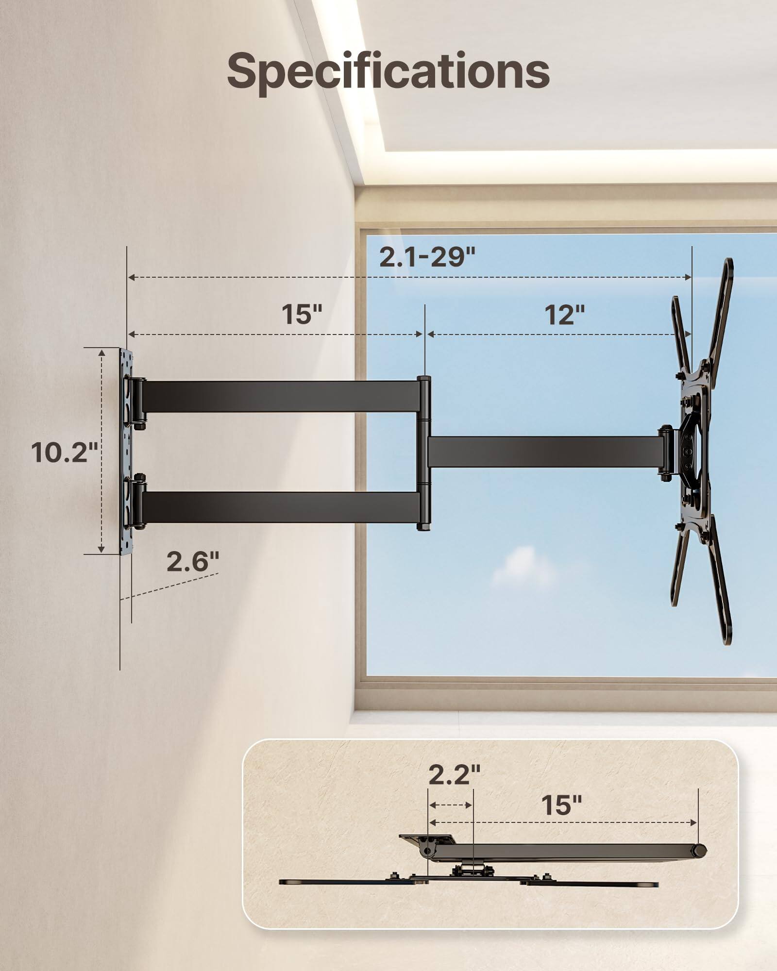 Specifications

- 2.1-29"
- 15"
- 12"
- 10.2"
- 2.6"
- 2.2"
- 15"