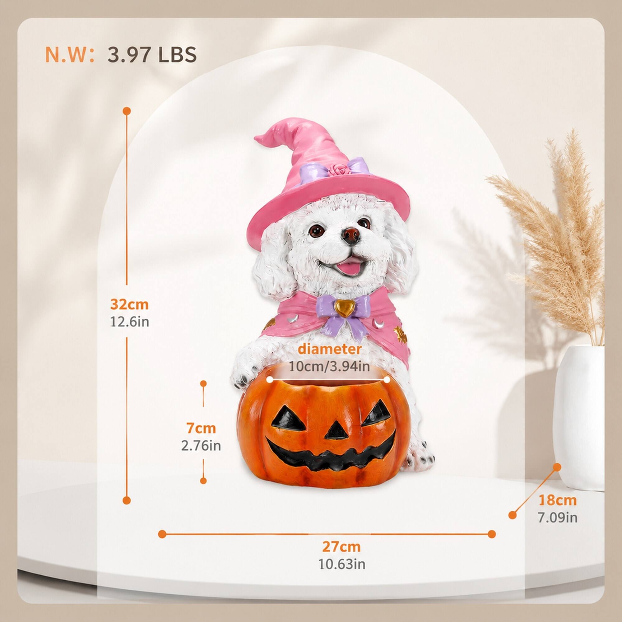 N.W: 3.97 LBS

32cm 12.6in
diameter 10cm/3.94in
7cm 2.76in
18cm 7.09in
27cm 10.63in