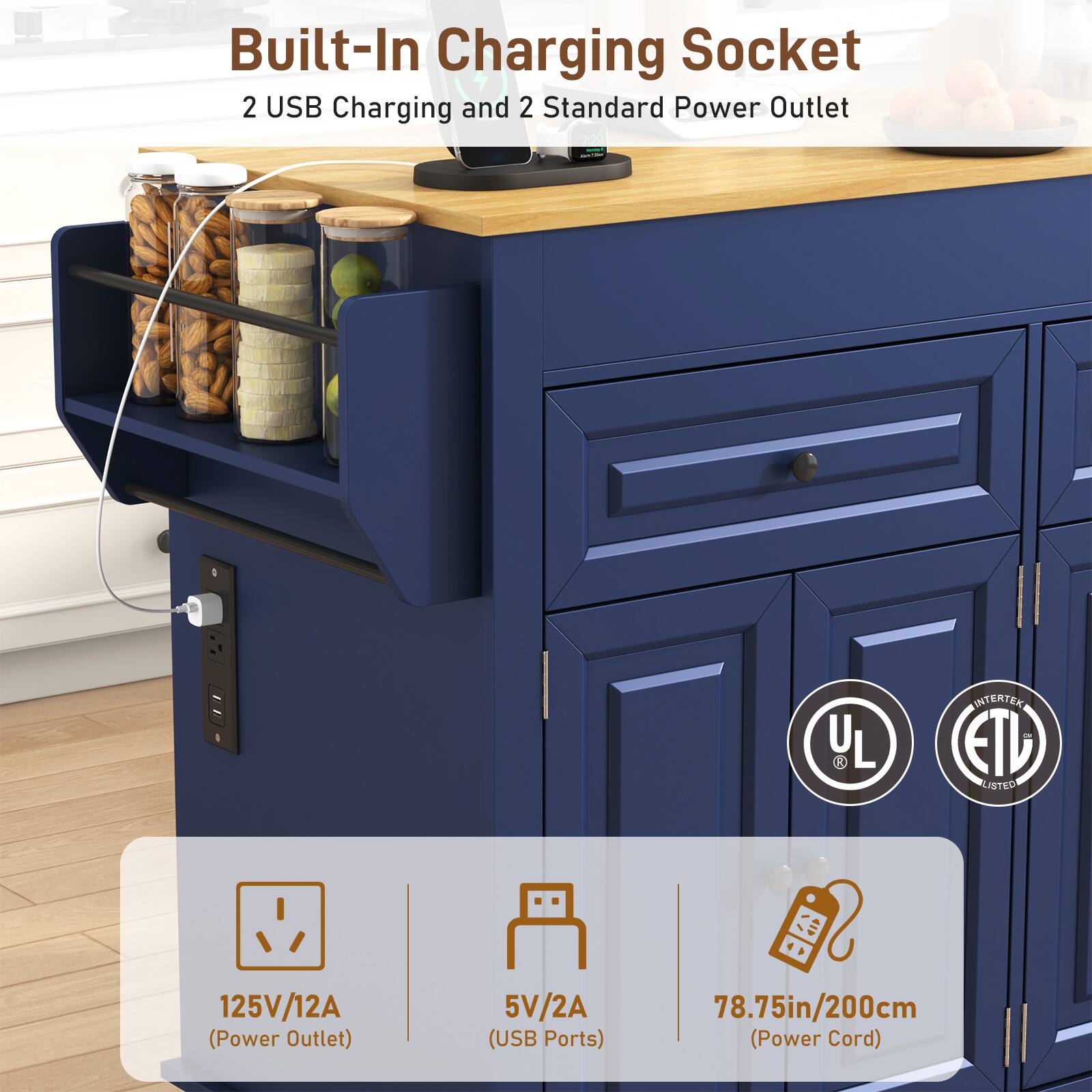Built-In Charging Socket  
2 USB Charging and 2 Standard Power Outlet  

125V/12A (Power Outlet)  
5V/2A (USB Ports)  
78.75in/200cm (Power Cord)  

UL Listed  
ETL Listed