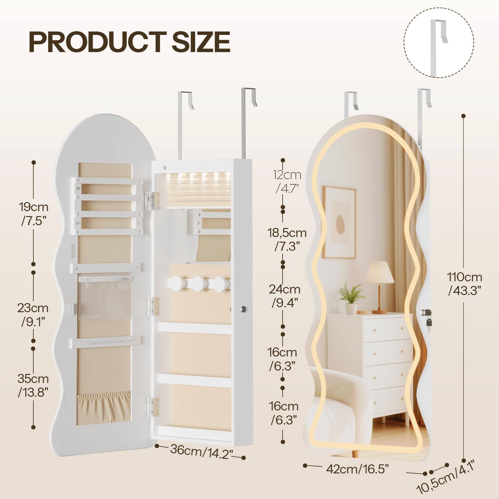 PRODUCT SIZE

- 19cm / 7.5"
- 12cm / 4.7"
- 18.5cm / 7.3"
- 23cm / 9.1"
- 35cm / 13.8"
- 36cm / 14.2"
- 24cm / 9.4"
- 16cm / 6.3"
- 16cm / 6.3"
- 42cm / 16.5"
- 10.5cm / 4.1"
- 110cm / 43.3"