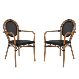 Emma + Oliver - 2 Pack Stacking Bistro Chair with Bamboo Print Metal Frame - Black/Natural Frame