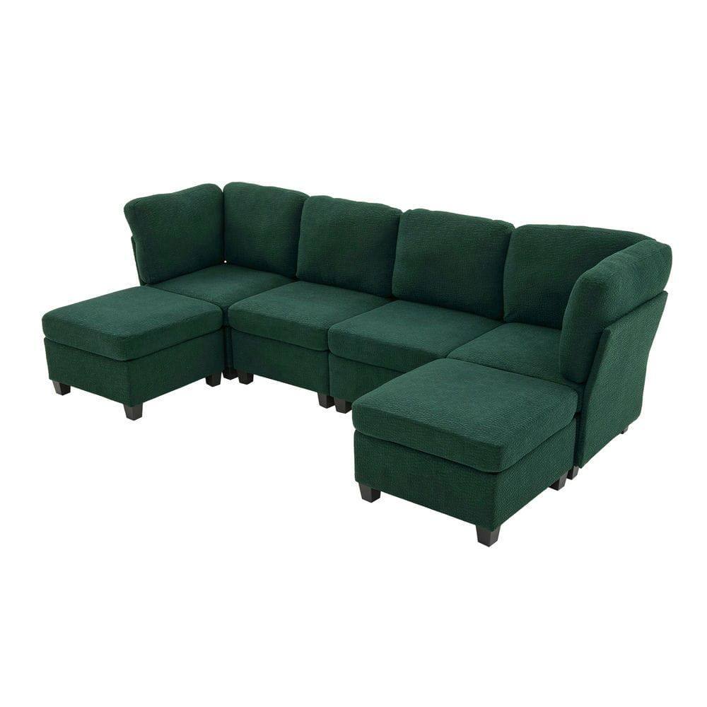 Left. Kadyn - U-Shaped 6-Seat Sectional, Configurable Modular Couch with Chaise and Storage Ottoman, Emerald - Green.