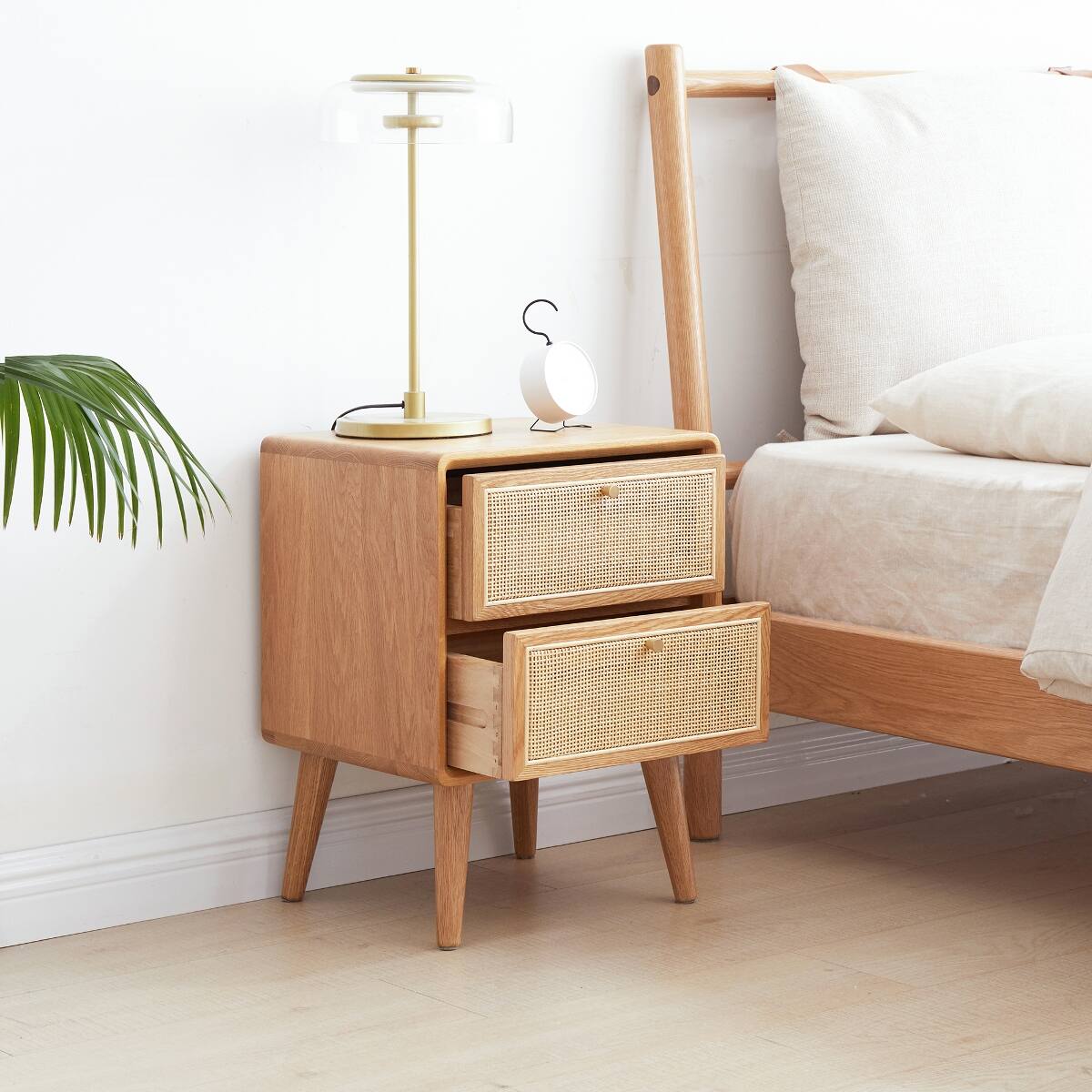 Alt View 2. Loheer - Loheer Solid Oak Nightstand Natural Wood Bedside Cabinet with Rattan Drawer Fronts - Natural.