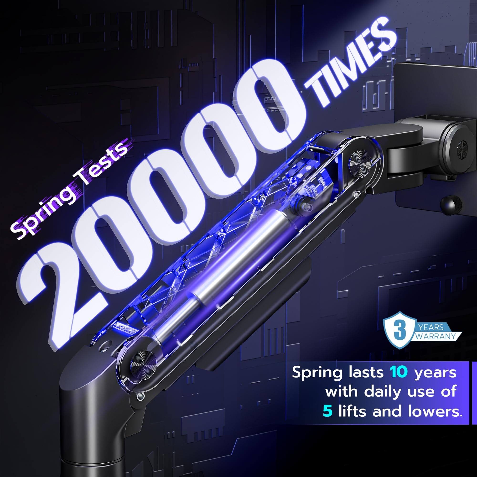 Spring Tests 20000 TIMES  
Spring lasts 10 years with daily use of 5 lifts and lowers.  
3 YEARS WARRANTY