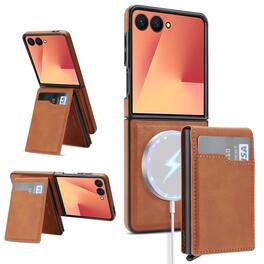 Dteck - Magnetic Wallet Case for Samsung Galaxy Z Flip7,Mag Safe Shockproof Phone Cover with Detachable Pop-Up Card Holder - Brown