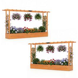 Costway - 2 PCS Wooden Raised Garden Bed with Trellis Hanging Roof Drainage Holes for Flowers - Orange