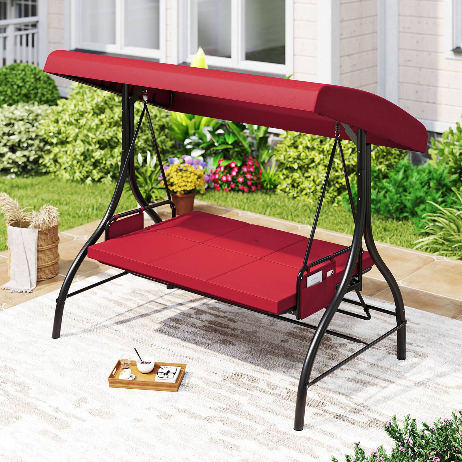 Alt View 4. Costway - Costway 3-Seat Patio Swing with Canopy with Removable Cushions & Side Pockets Stand - Red.
