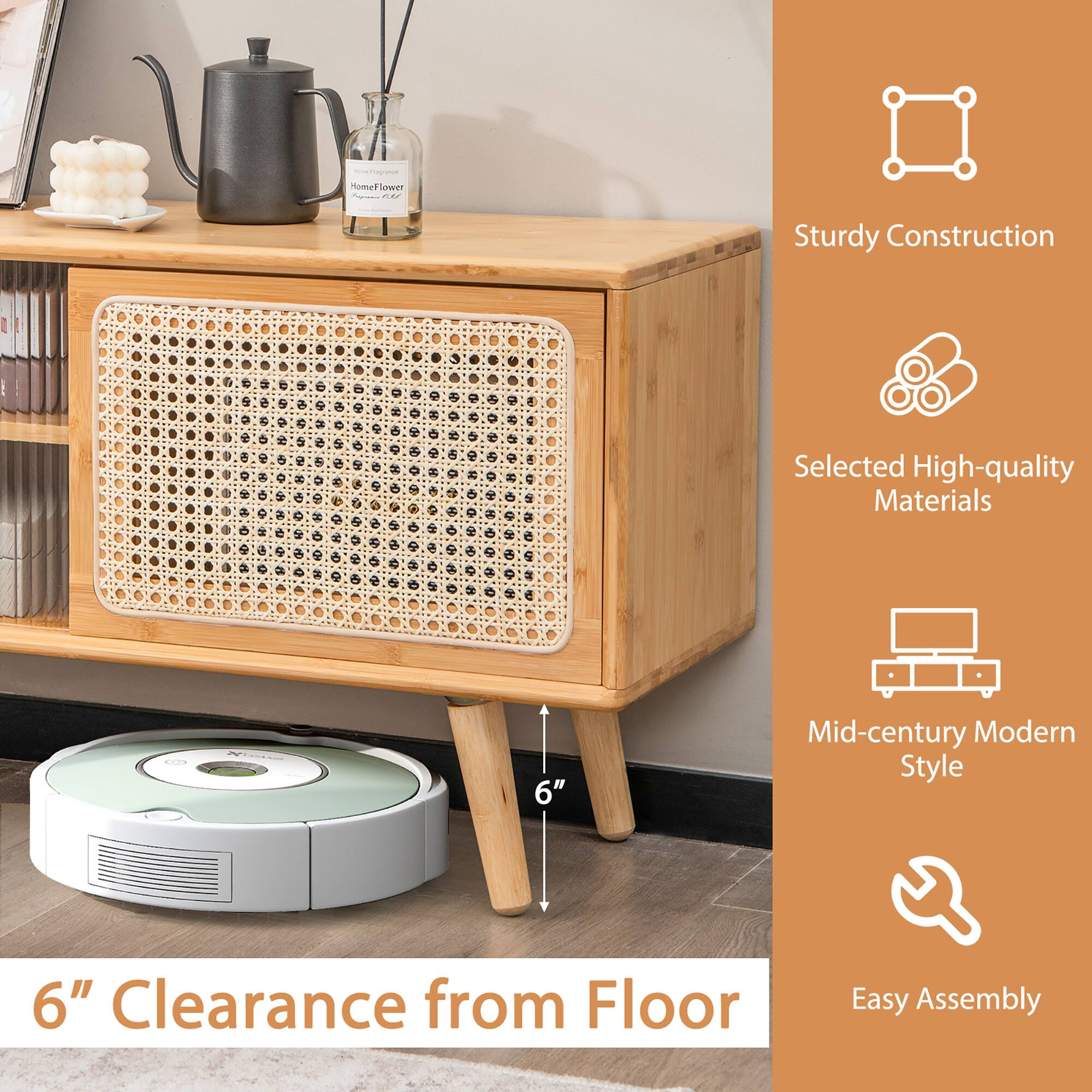 The text on the image reads: "Sturdy Construction, Selected High-quality Materials, 6" Clearance from Floor, 6" Mid-century Modern Style, Easy Assembly."