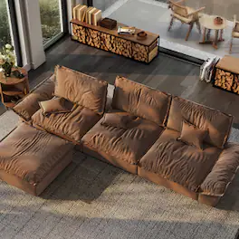 POVISON - 141.73" Sailboat Deep Sofa Stain Resistant Cozy Couch with Ottoman - Brown Suede Fabric