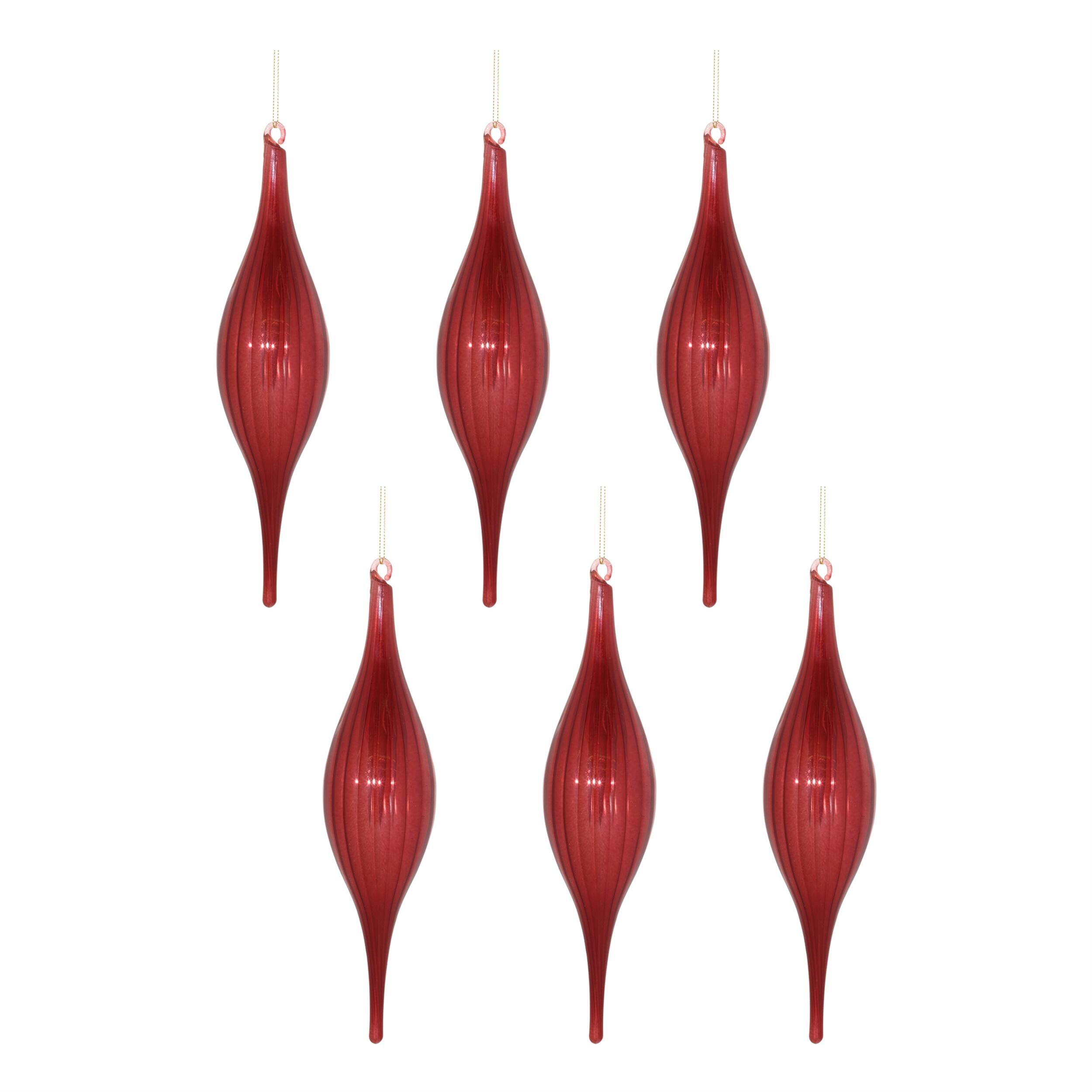 Left. BreeBe - Red Ribbed Glass Drop Ornament (Set of 6) - Red.