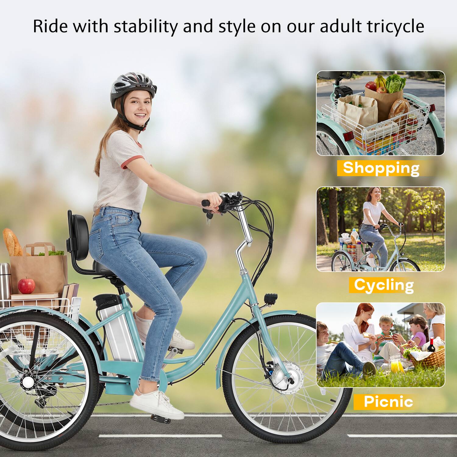 Ride with stability and style on our adult tricycle

Shopping  
Cycling  
Picnic