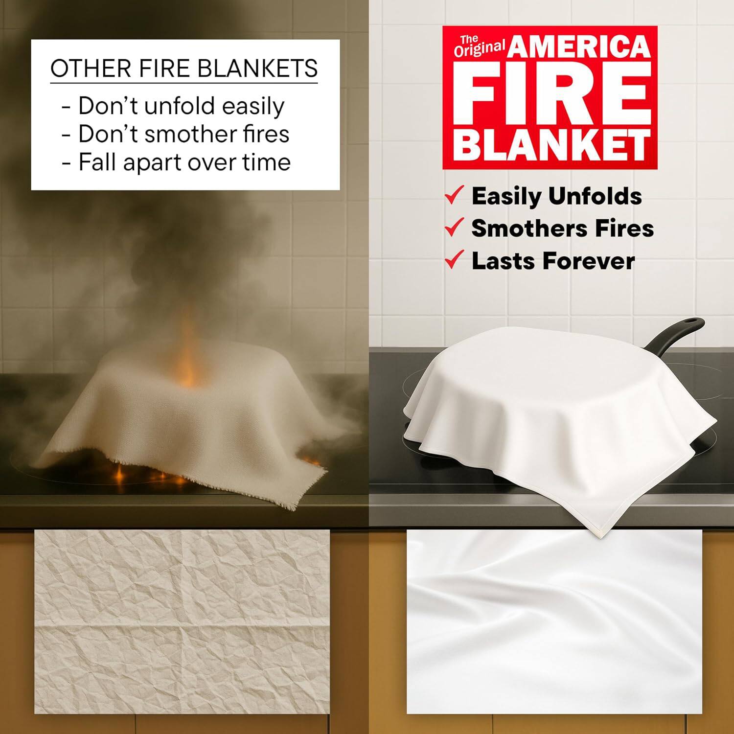 OTHER FIRE BLANKETS  
- Don't unfold easily  
- Don't smother fires  
- Fall apart over time  

The Original AMERICA FIRE BLANKET  
✔ Easily Unfolds  
✔ Smothers Fires  
✔ Lasts Forever