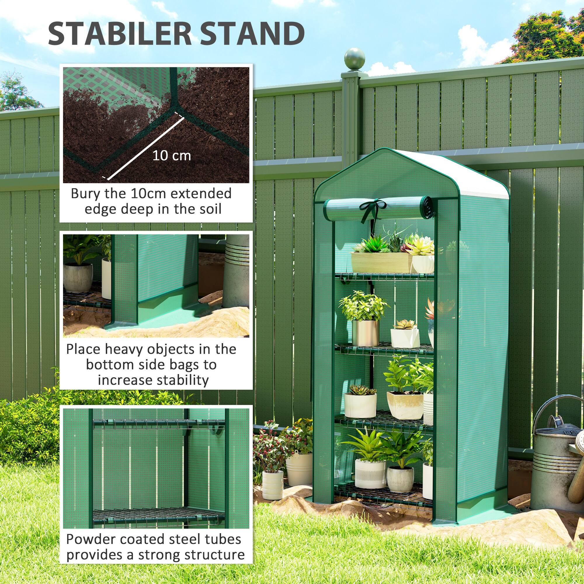 STABILER STAND

Bury the 10cm extended edge deep in the soil

Place heavy objects in the bottom side bags to increase stability

Powder coated steel tubes provides a strong structure