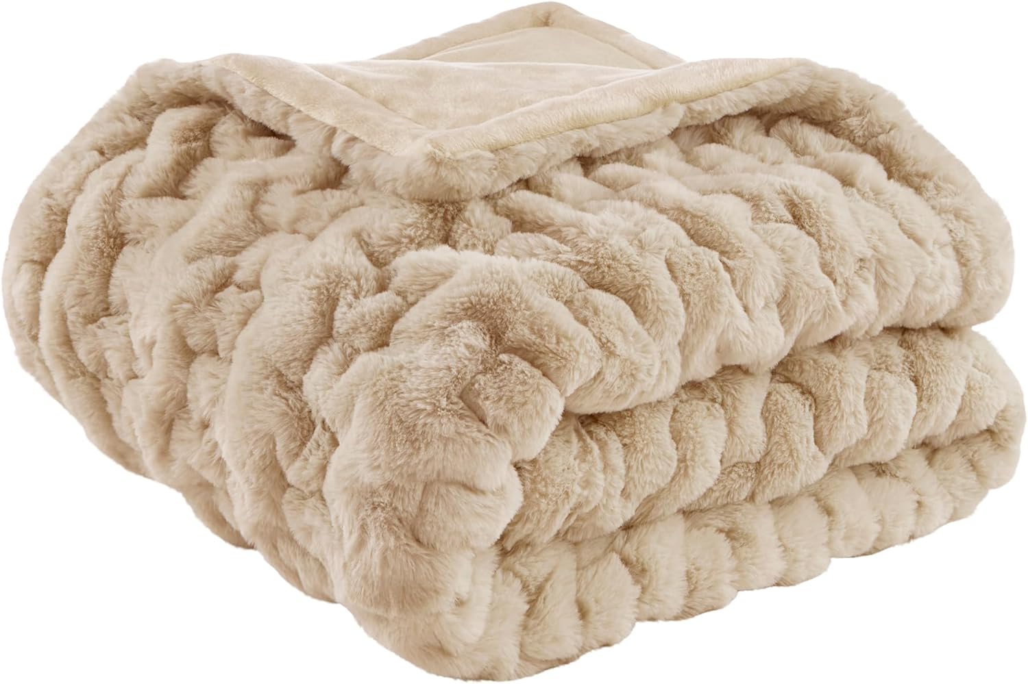 Front. MOOSOO - Ruched Luxury Faux Fur Throw Blanket, Soft Cozy Brushed Long Faux Fur for Bed, Couch or Sofa, 50"x60" - Tan.