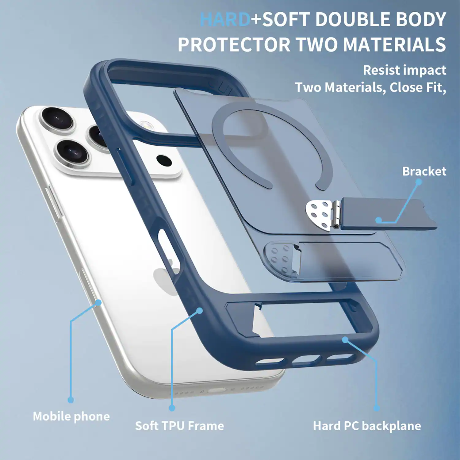 HARD+SOFT DOUBLE BODY PROTECTOR TWO MATERIALS  
Resist impact  
Two Materials, Close Fit,  
Bracket  
Mobile phone  
Soft TPU Frame  
Hard PC backplane