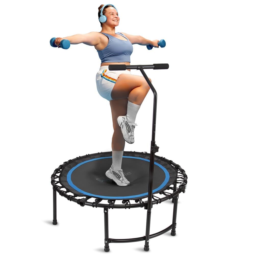 Front. SereneLife - SereneLife SLELT418 Portable Fitness Trampoline, Adjustable Handrail, Round Jumping, Cardio Exercise Trampoline.