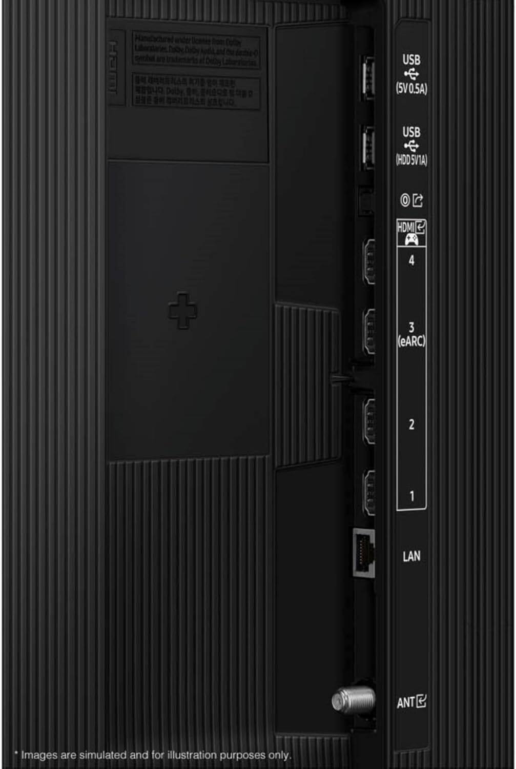 Ham Handcrafted under license from Dolby Laboratories Dolby, Dolby Digital, Dolby Digital Plus, and the double-D logo are trademarks of Dolby Laboratories.  
USB (5V0.5A)  
USB (HDD5V1A)  
HDMI & 4  
3 (eARC)  
2  
1  
LAN  
ANT  
*Images are simulated and for illustration purposes only.