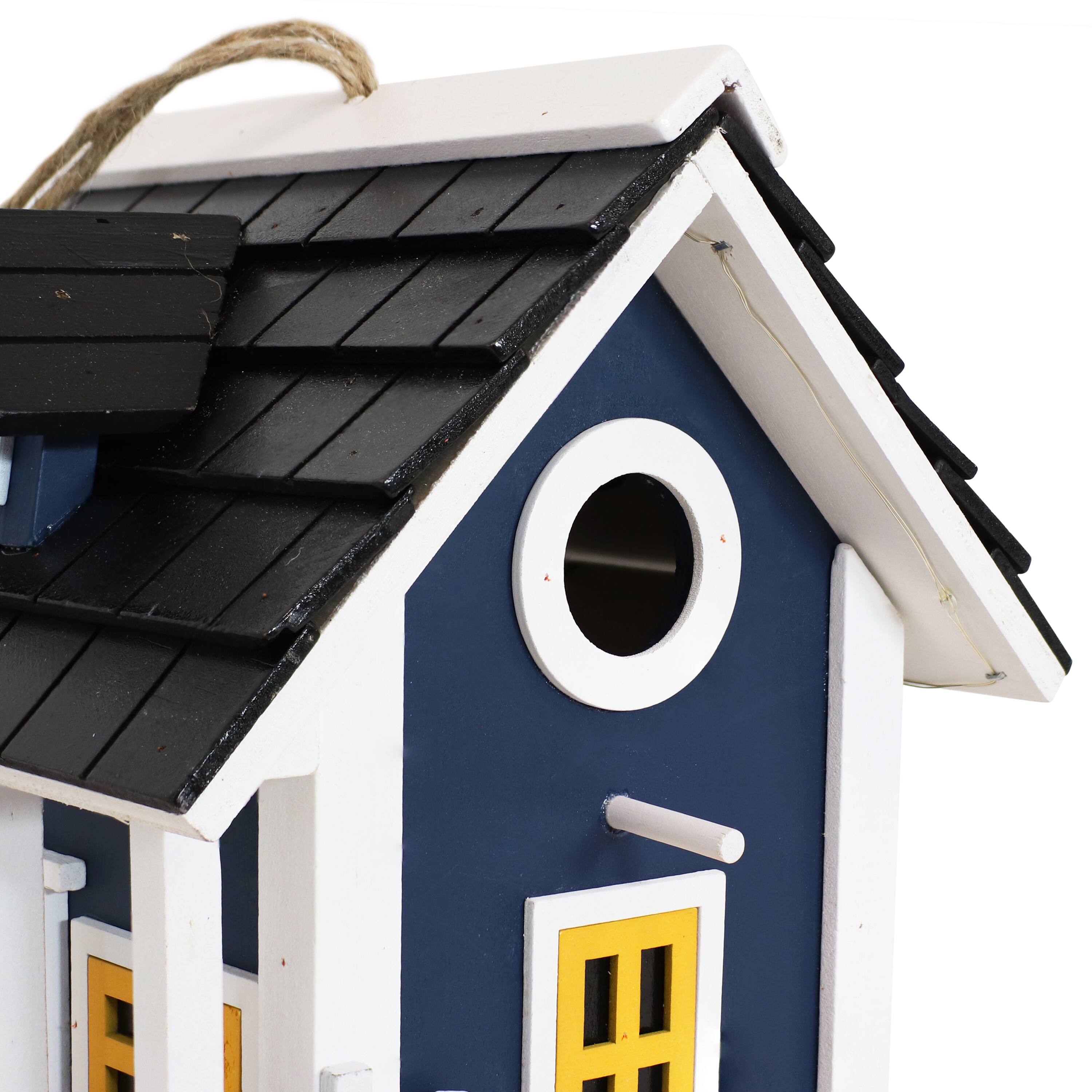 Alt View 8. Sunnydaze - 9.25 in Wooden Cozy Home Birdhouse with Solar LED Light - Midnight Blue.