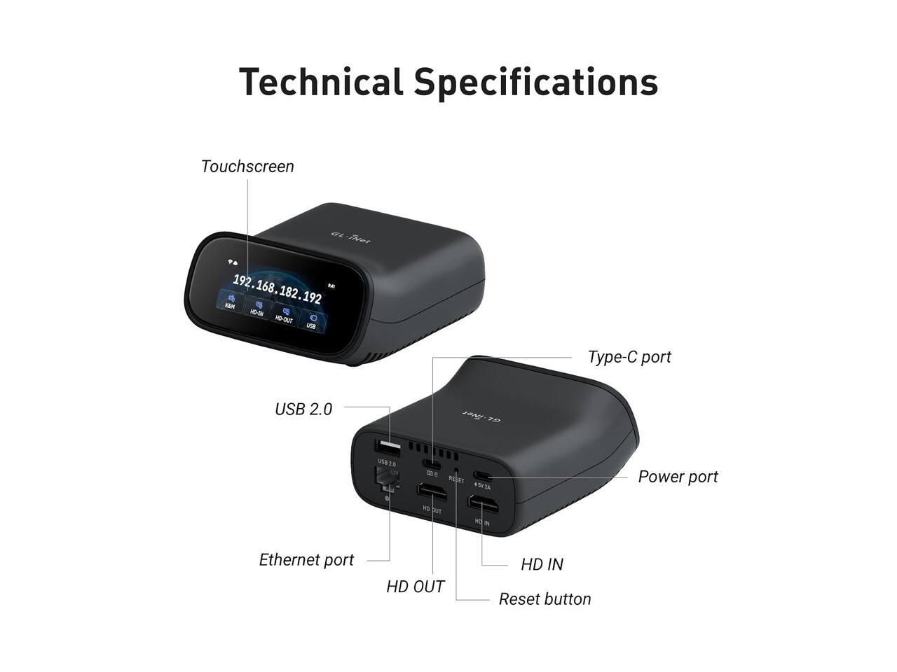 Technical Specifications

- Touchscreen
- Type-C port
- USB 2.0
- Ethernet port
- HD IN
- HD OUT
- Power port
- Reset button
