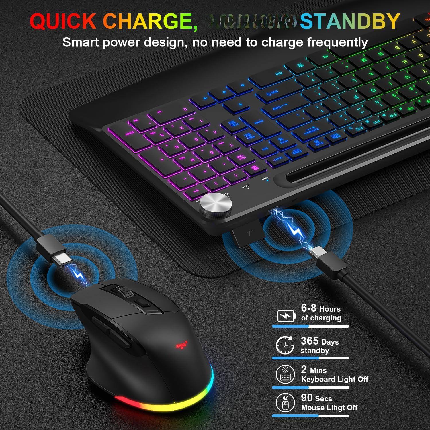 QUICK CHARGE, SMART STANDBY  
Smart power design, no need to charge frequently  

6-8 Hours of charging  
365 Days standby  
2 Mins Keyboard Light Off  
90 Secs Mouse Light Off