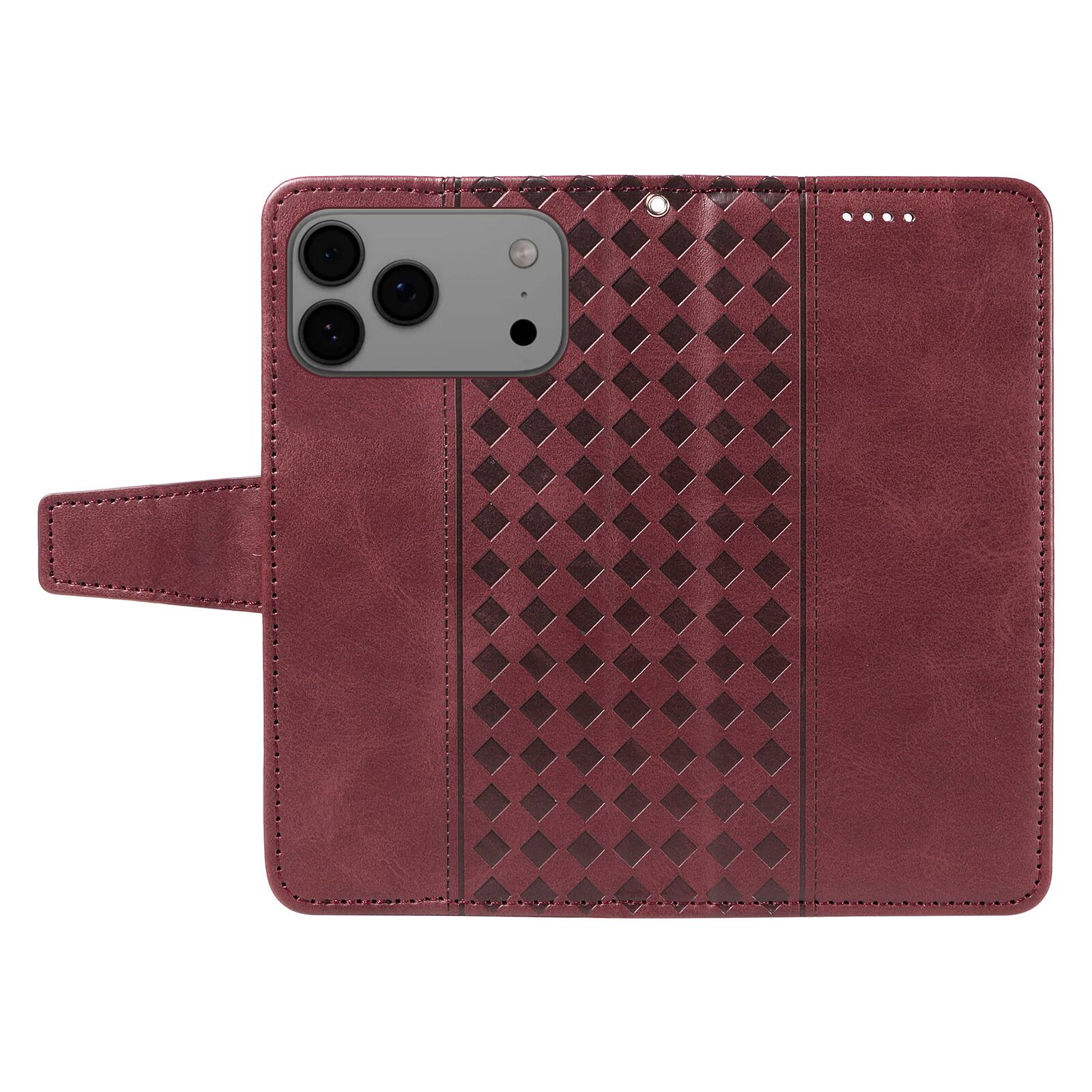 Back. Dteck - Magnetic Wallet Pocket Case For Apple iPhone 17 Pro, Shockproof Faux Leather Card Pocket Wrist Strap Cover - Red.