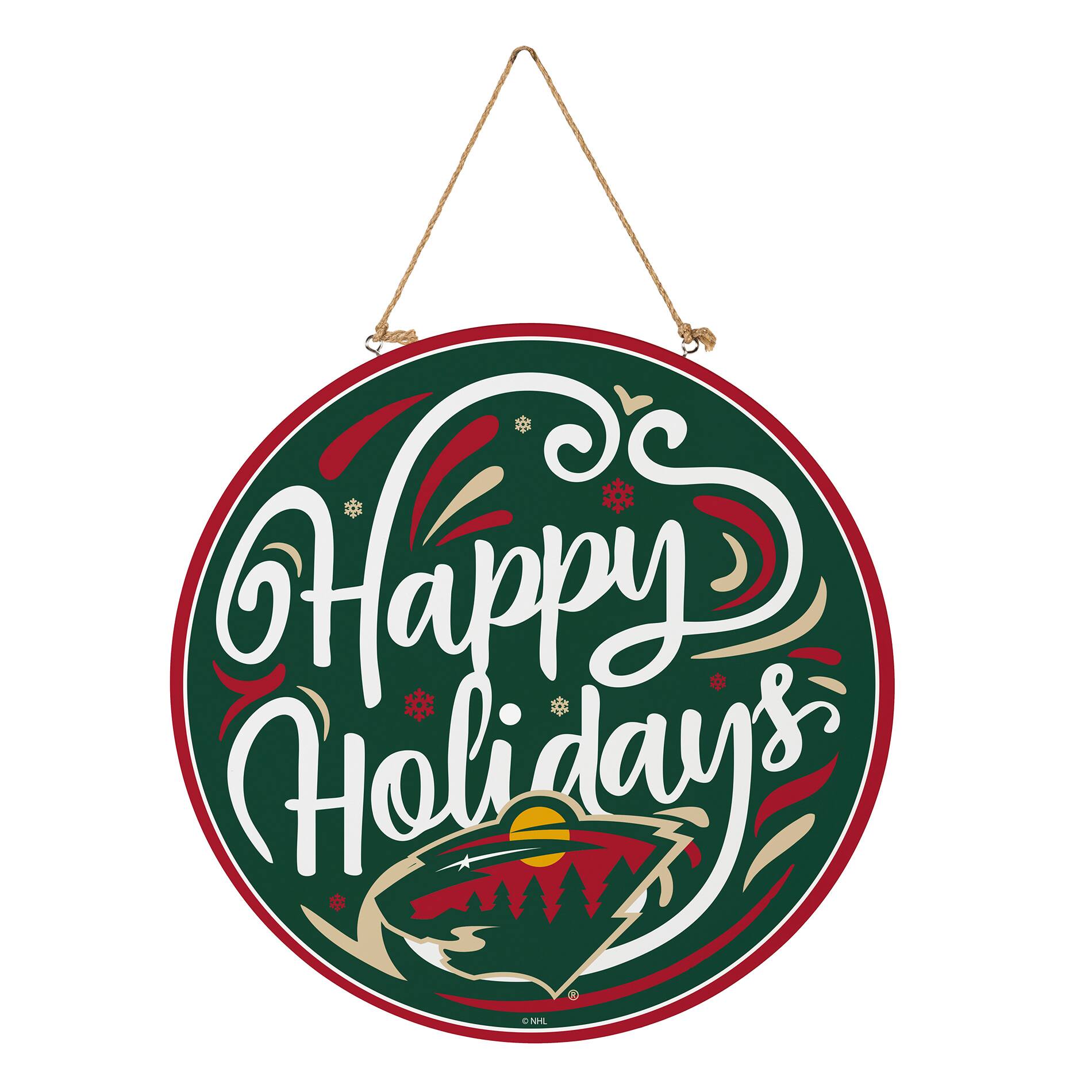 Alt View 2. Evergreen Enterprises - Minnesota Wild 18" Happy Holidays Wooden Round Door Sign - Multicolor.