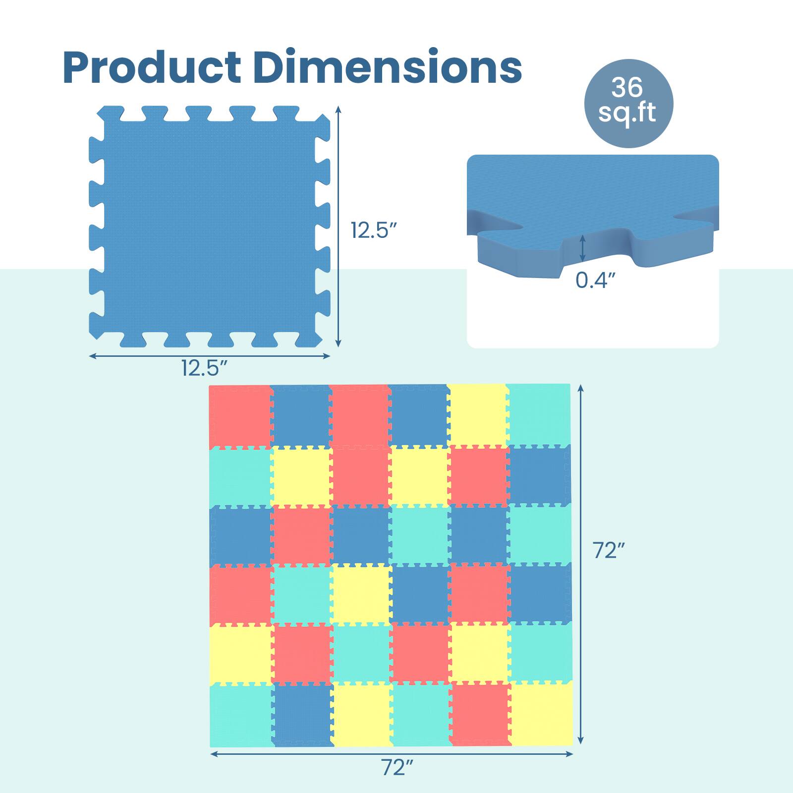 Product Dimensions: 36 sq.ft, 12.5" x 12.5", 0.4" thickness, 72" x 72"