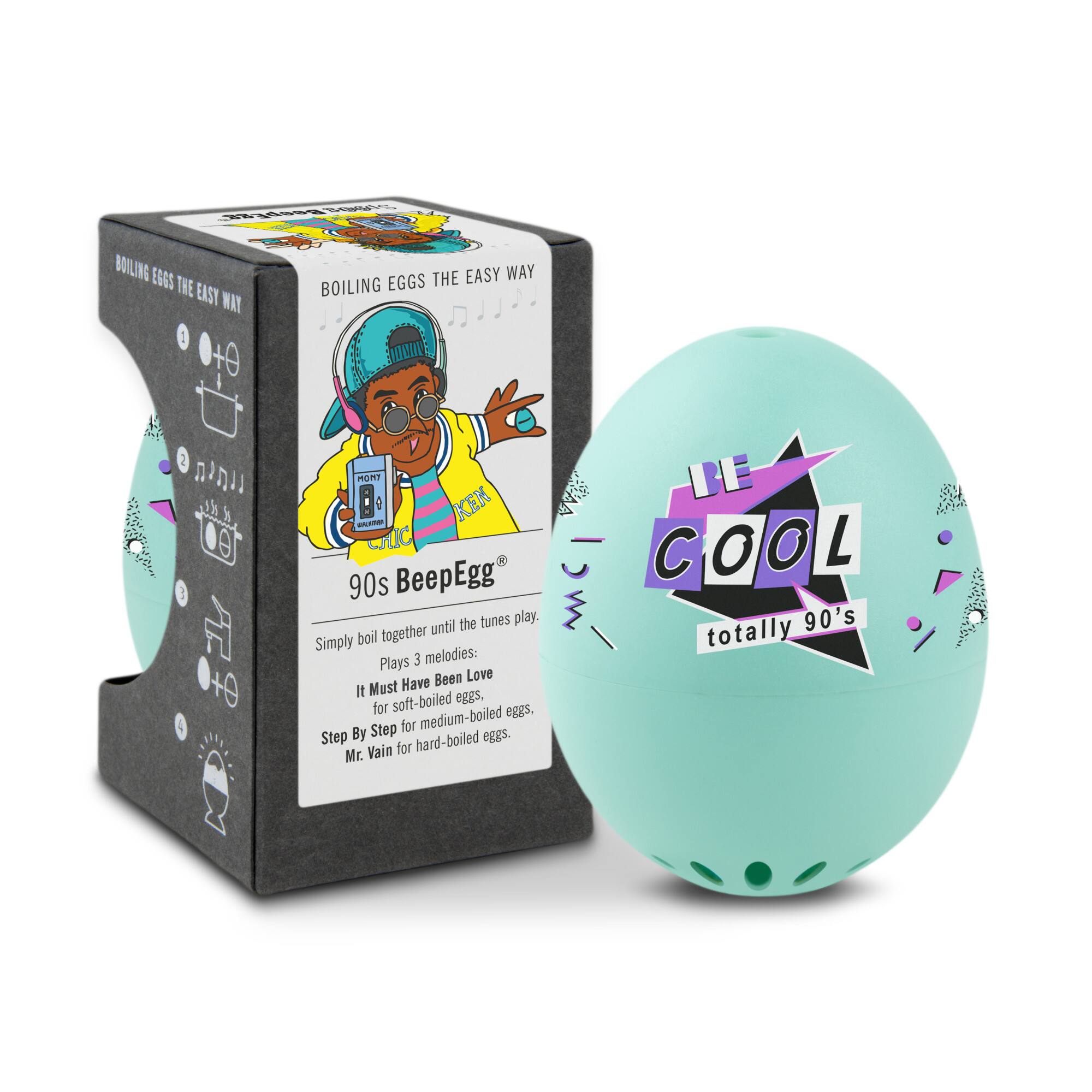 BOILING EGGS THE EASY WAY

90s BeepEgg

Simply boil together until the tunes play. Plays 3 melodies:
- It Must Have Been Love for soft-boiled eggs.
- Step By Step for medium-boiled eggs.
- Mr. Vain for hard-boiled eggs.

COOL totally 90's